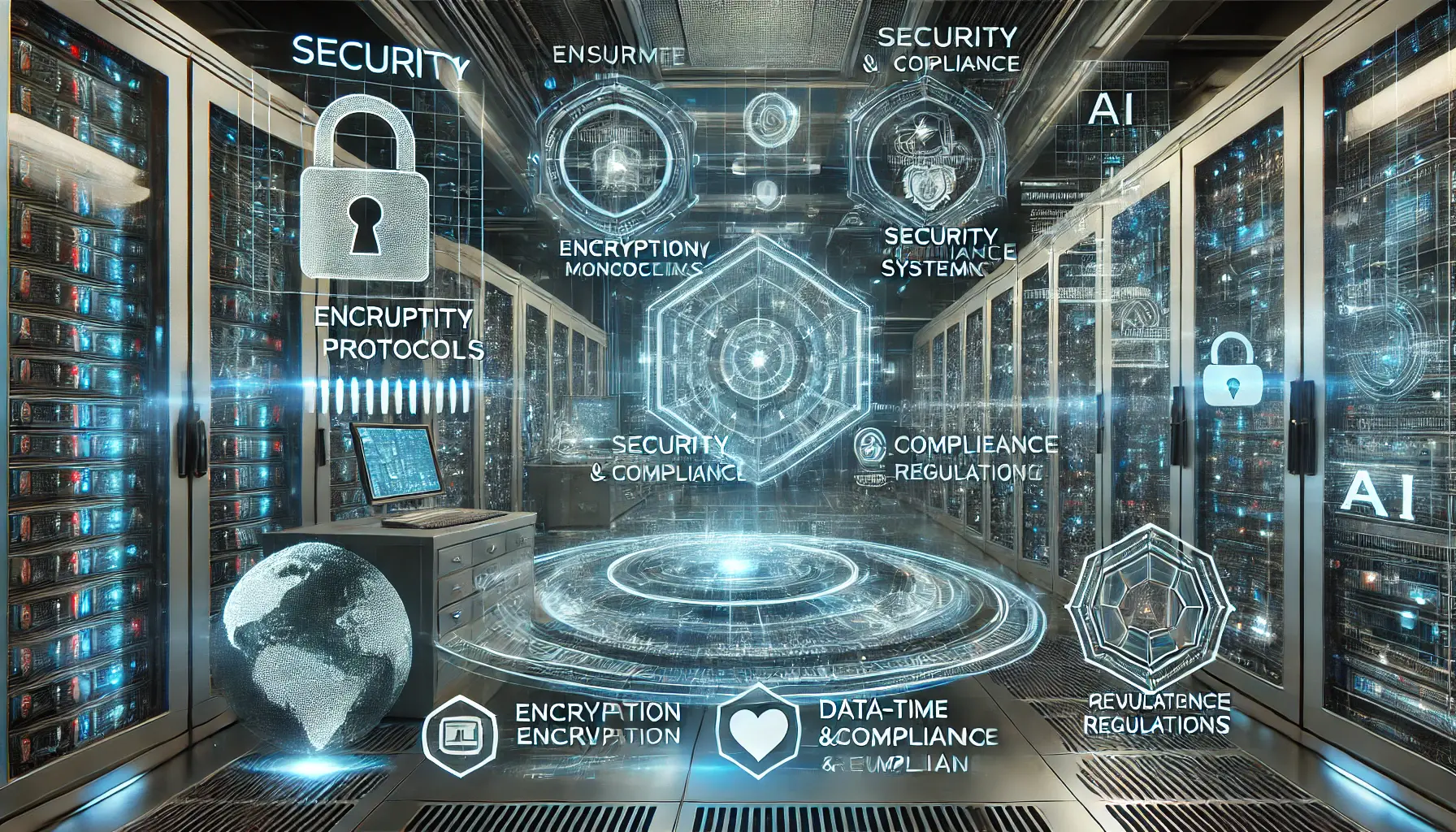 A futuristic cybersecurity environment showing secure server rooms with digital screens displaying encryption protocols, security monitoring, and compliance regulations.