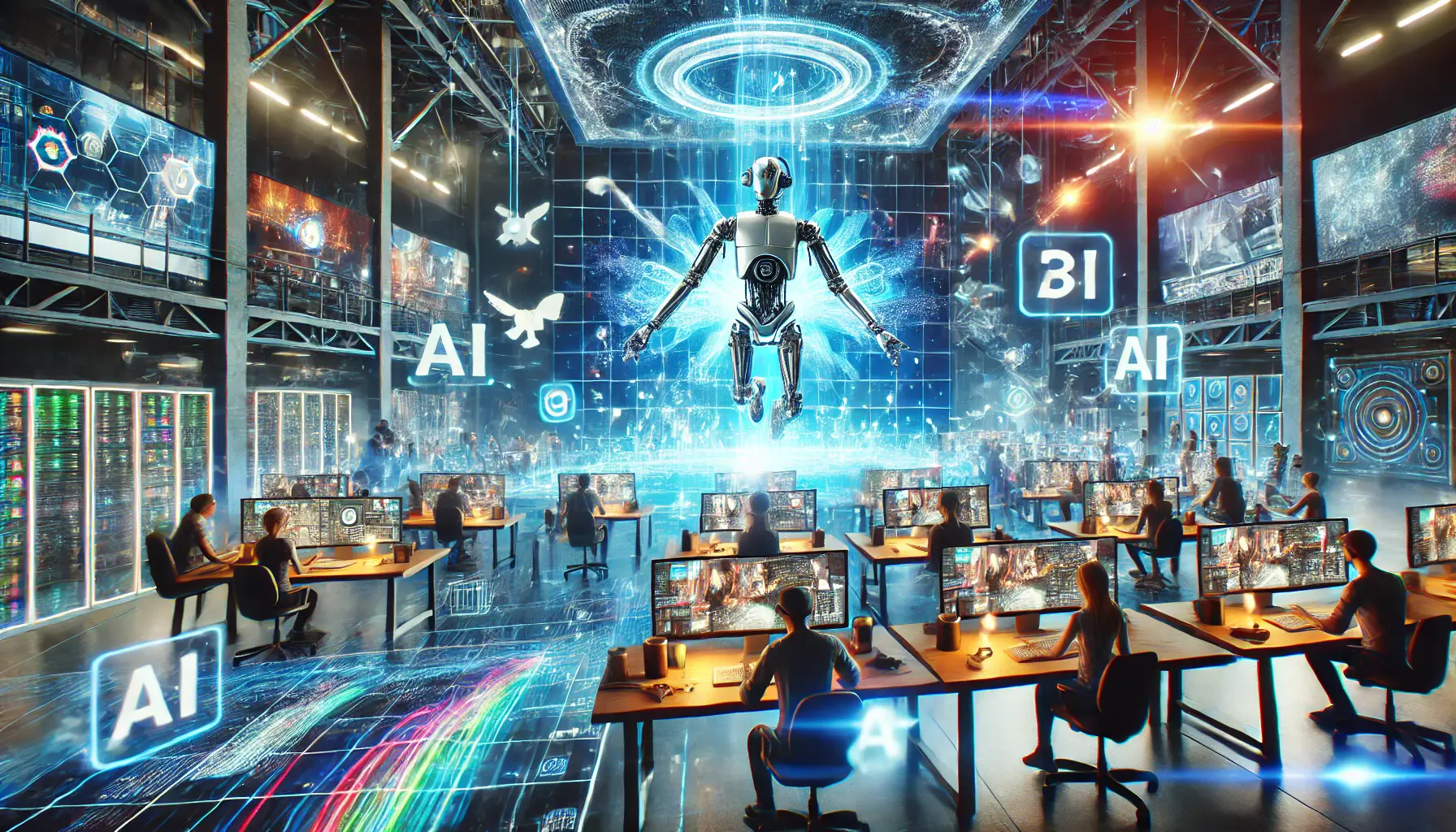 A futuristic entertainment studio using AI to enhance content creation, with artists manipulating 3D models and animations for visual effects.