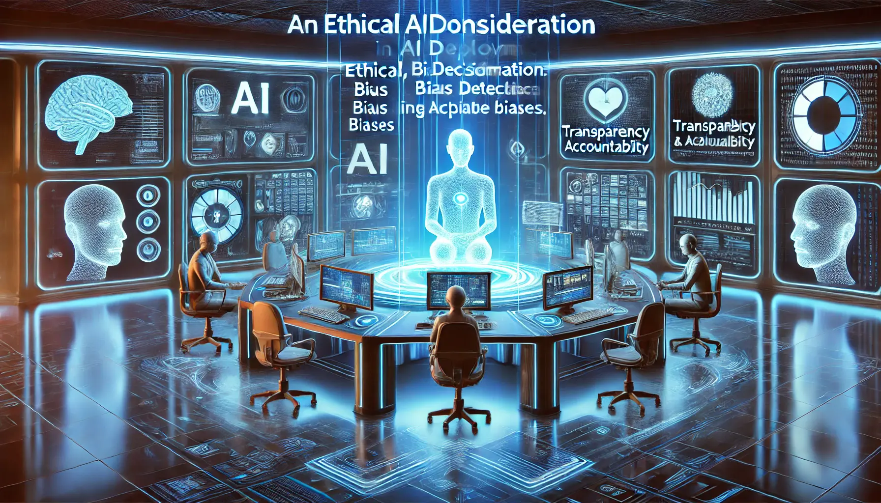 A futuristic AI-powered control room displaying ethical decision-making processes, including bias detection, transparency, and accountability in AI systems.