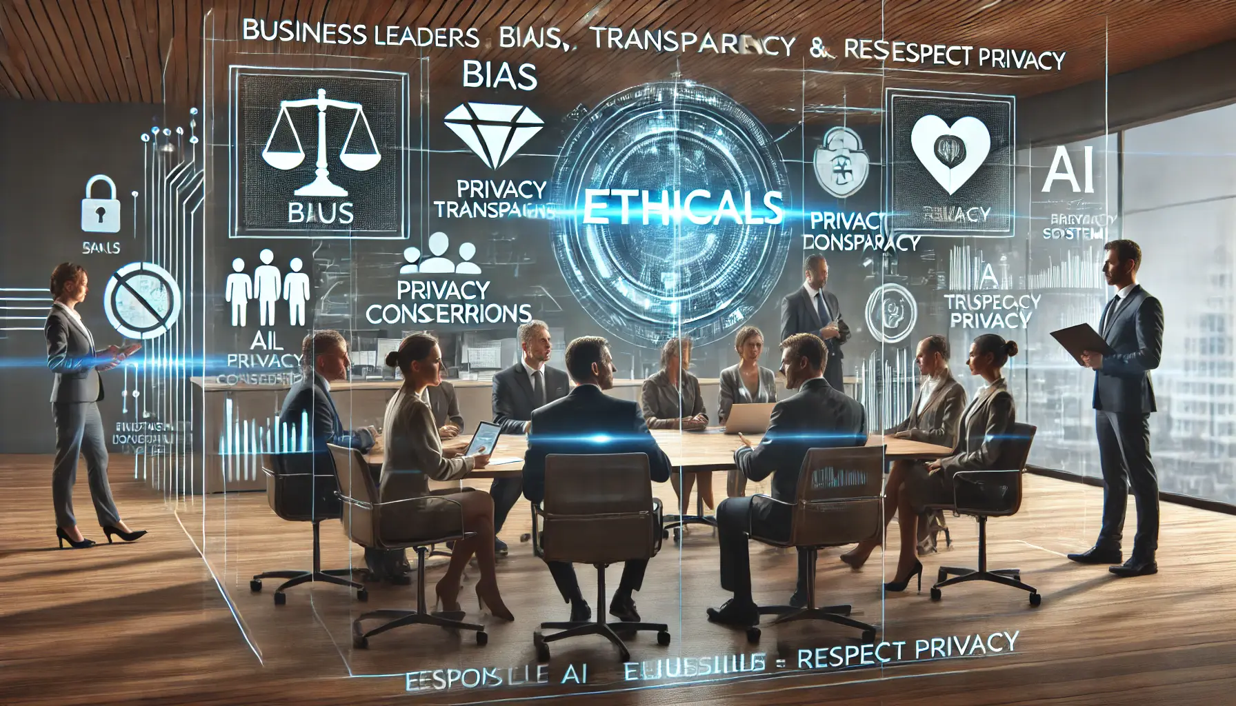 A corporate office where professionals discuss ethical concerns such as bias, privacy, and transparency in AI systems.