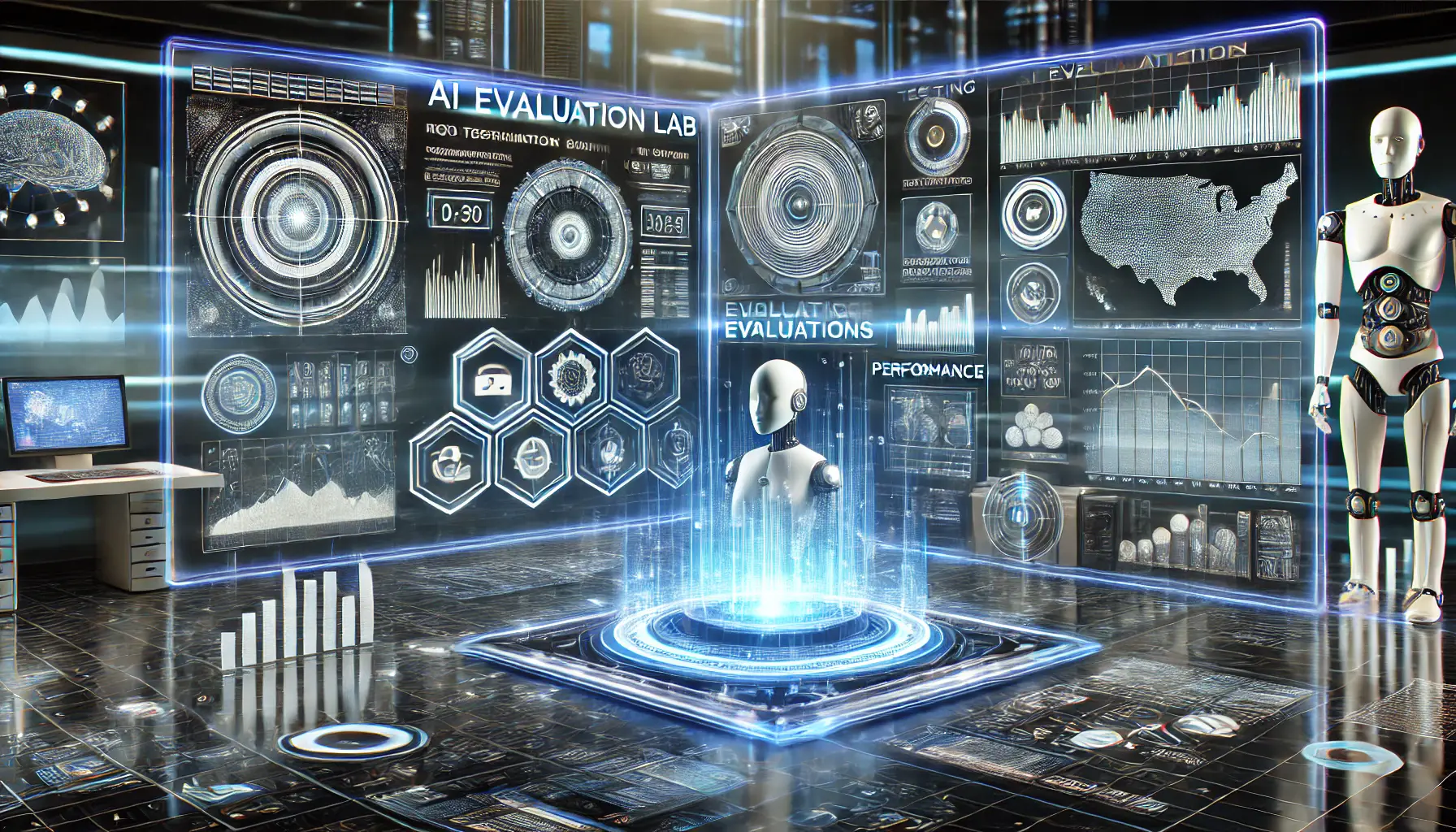 Futuristic AI evaluation lab displaying holographic graphs, charts, and performance metrics showcasing various testing methodologies for AI models.