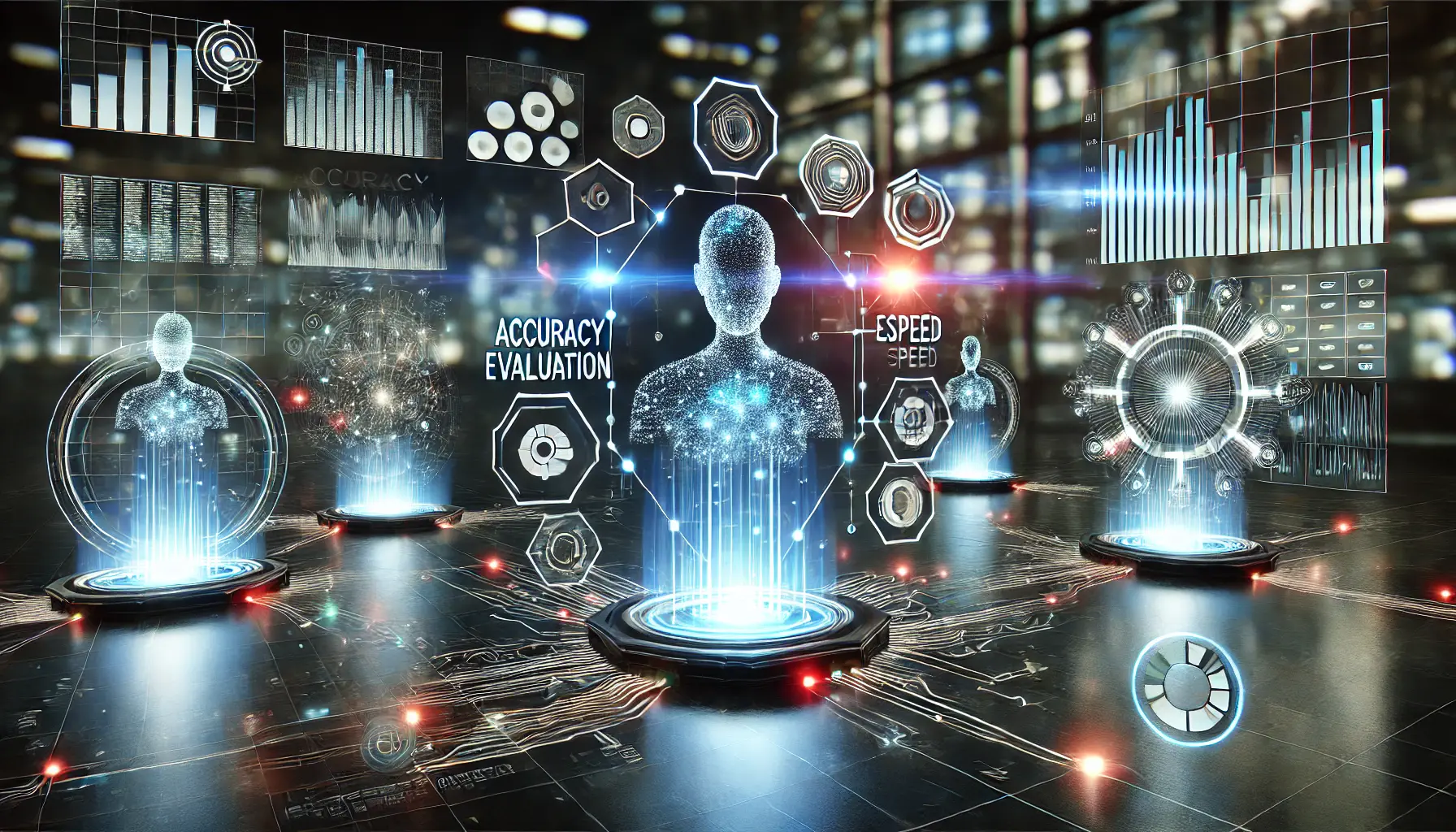 A digital visualization of evaluation metrics used in AI models, with glowing data pathways and abstract holographic shapes representing various metrics.