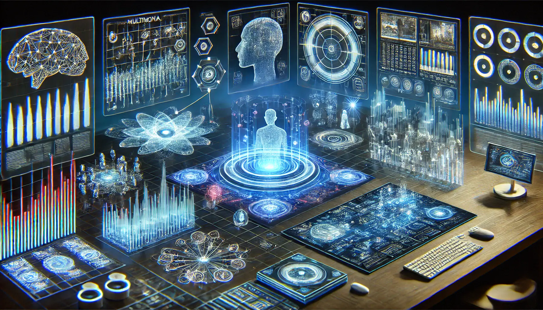 A futuristic digital workspace showcasing AI processing text, images, and audio, representing the expansion of multimodal capabilities.