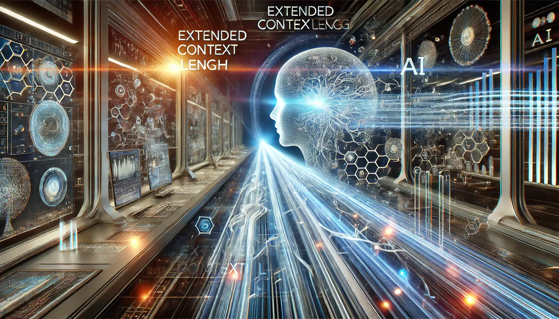 A high-tech AI interface with holographic data streams and neural networks, illustrating extended context length and processing efficiency.