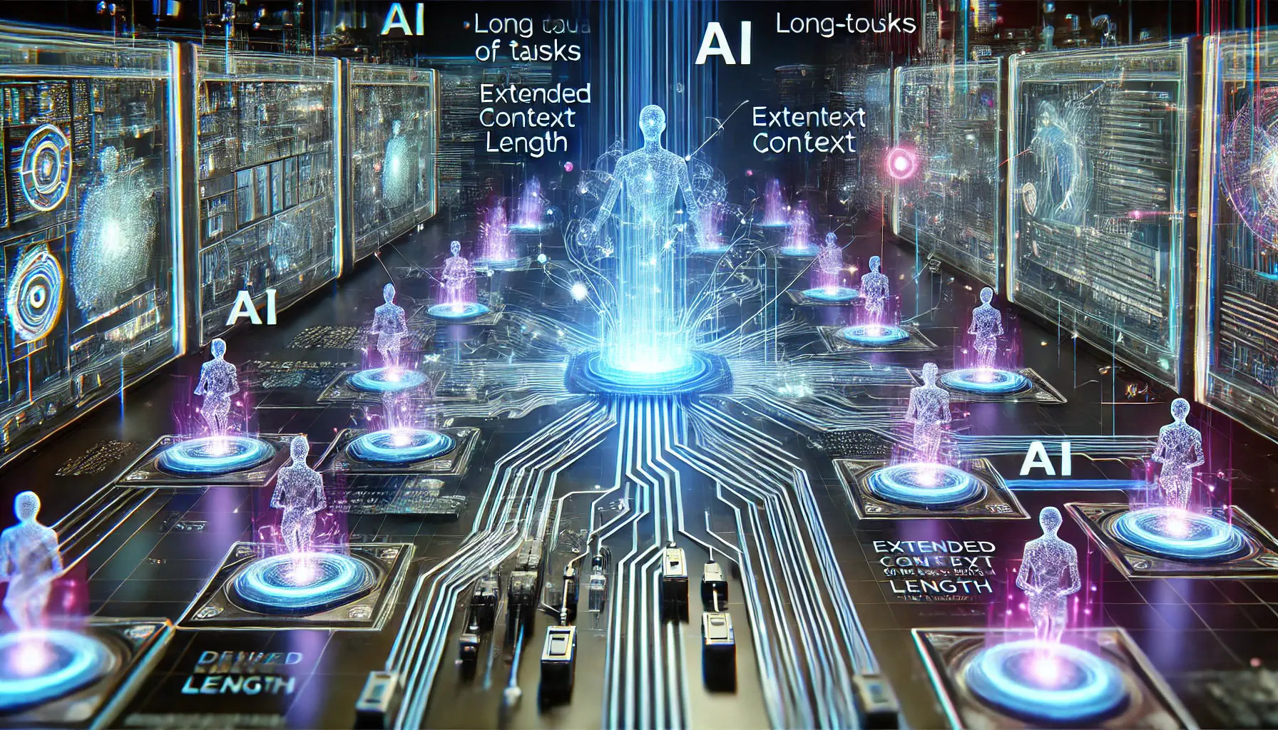 A futuristic AI system processing long data streams and complex tasks with extended context length.