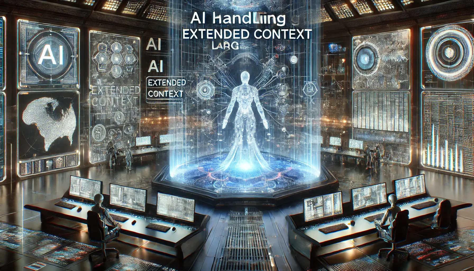 A futuristic data processing environment with AI handling extended context for large datasets, connecting vast amounts of information across multiple holographic screens.