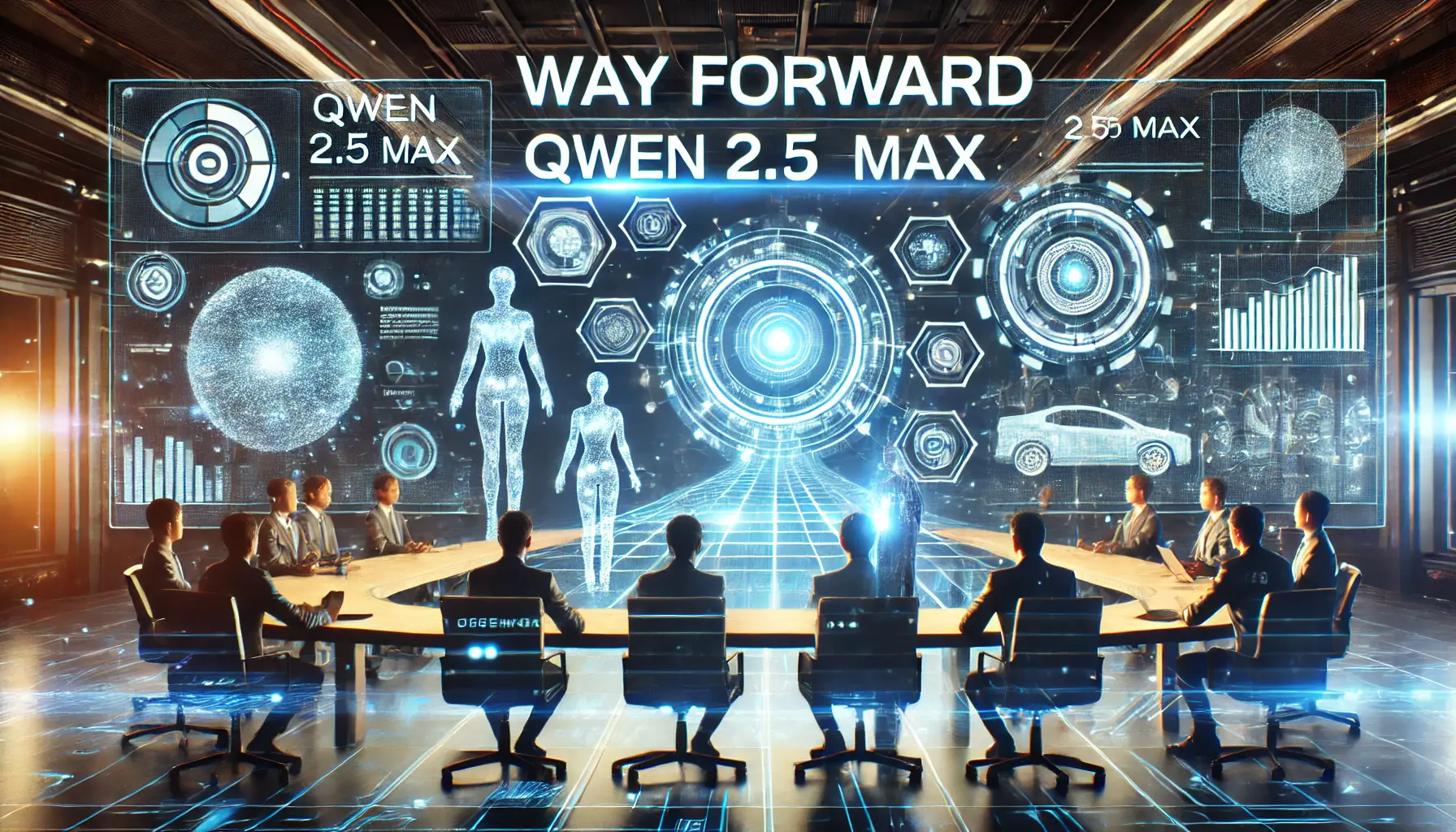 A futuristic, forward-looking environment where experts observe the future advancements and applications of Qwen 2.5 Max in various industries.