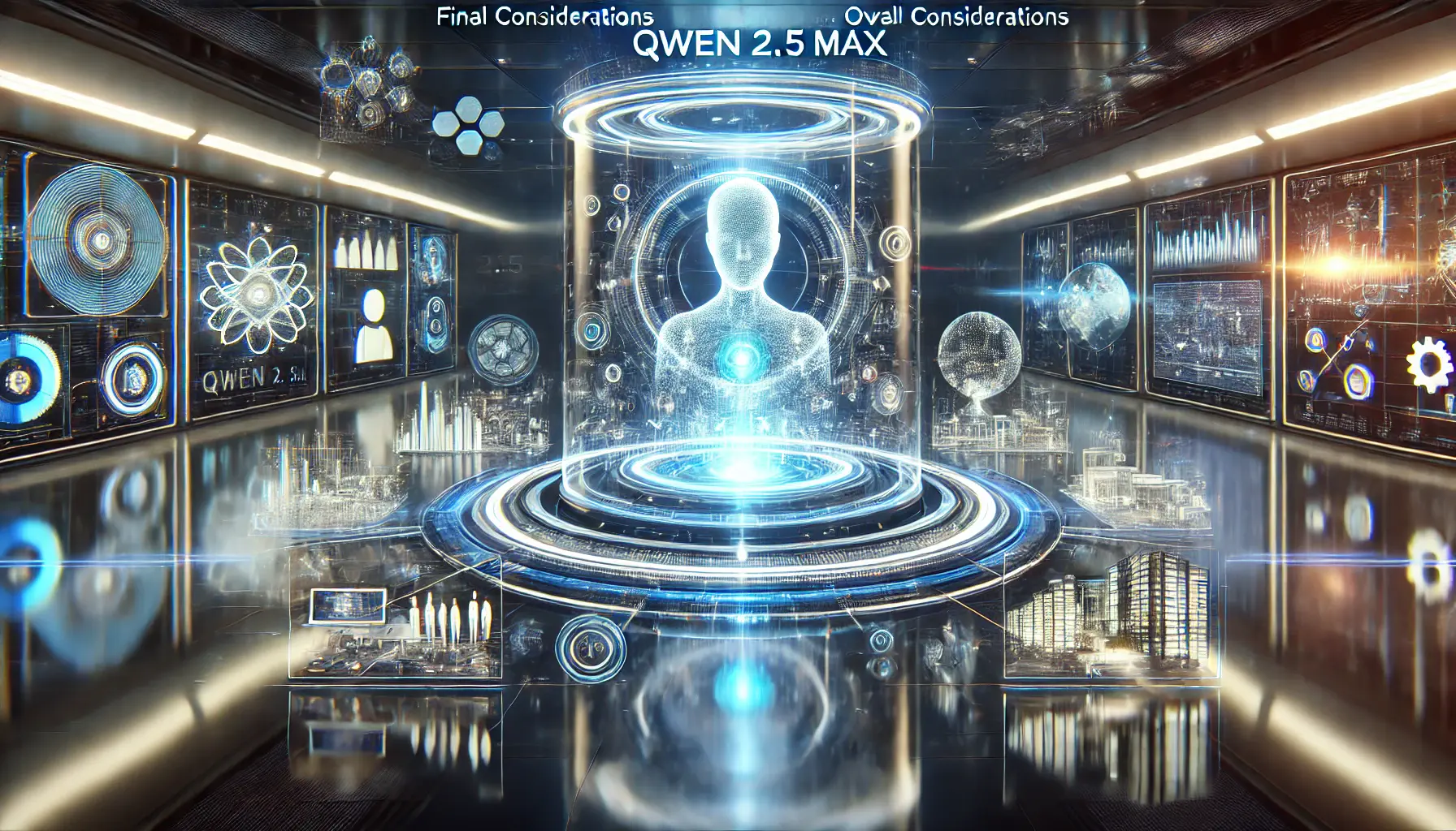 A futuristic AI reflection chamber showcasing the overall impact of Qwen 2.5 Max across industries.