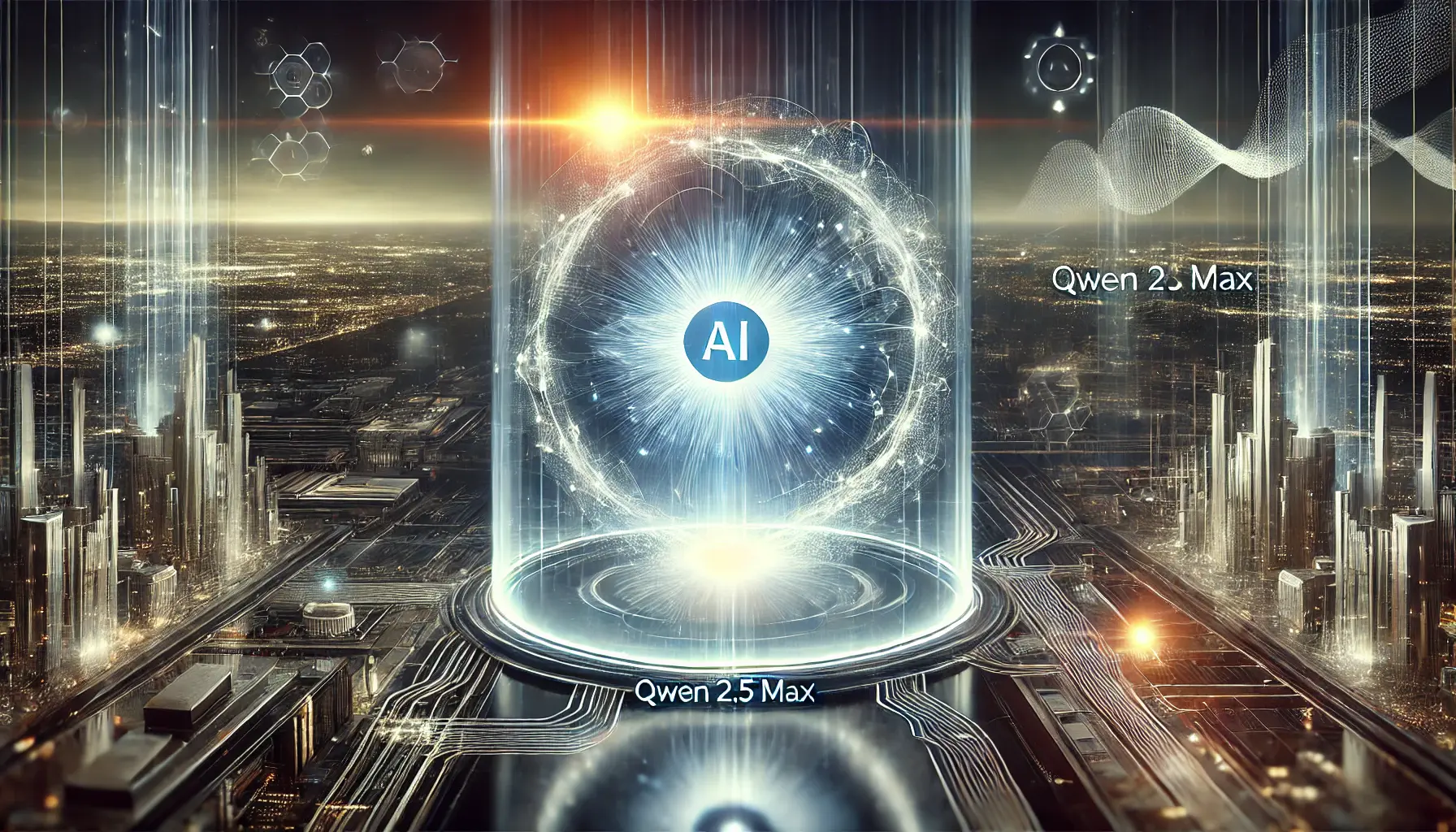 A futuristic AI core surrounded by glowing data streams and neural networks, symbolizing the final thoughts on Qwen 2.5 Max.