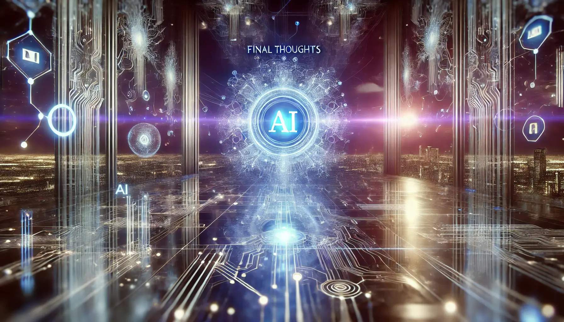 A high-tech digital environment representing final thoughts on AI, with a glowing AI core and vast interconnected networks.