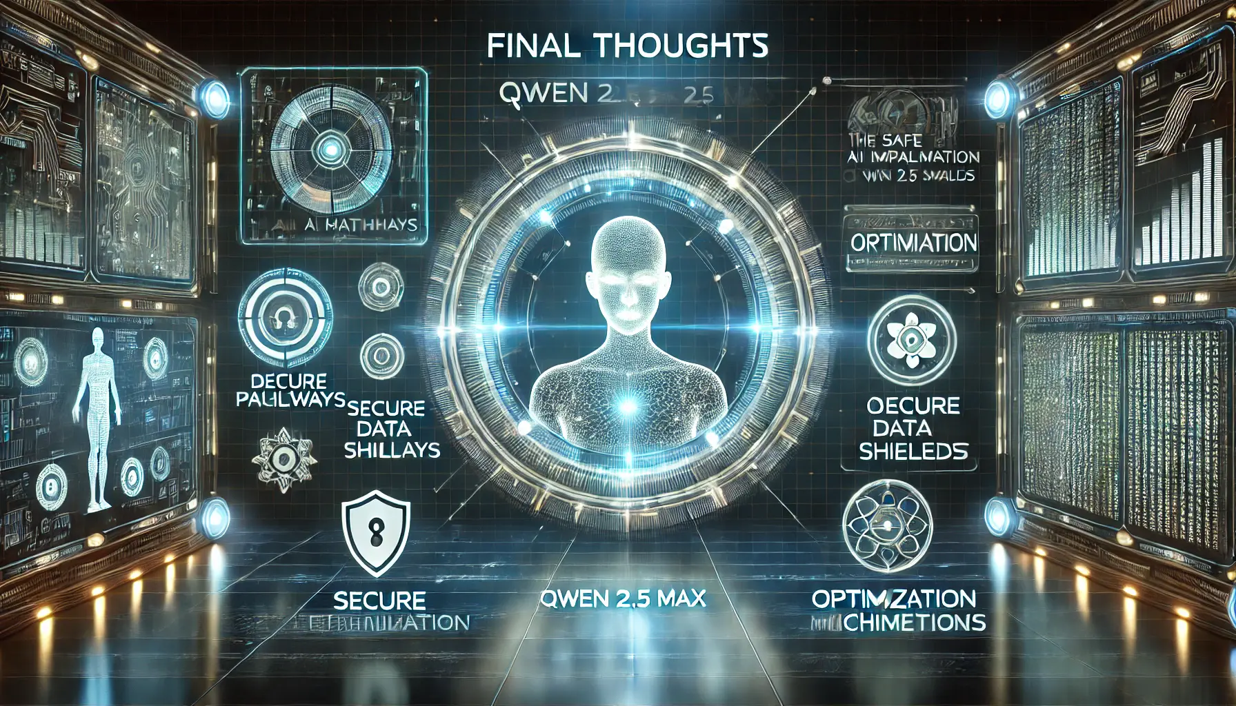 A futuristic digital environment symbolizing the final thoughts on safe and efficient utilization of Qwen 2.5 Max with glowing AI model and secure data pathways.