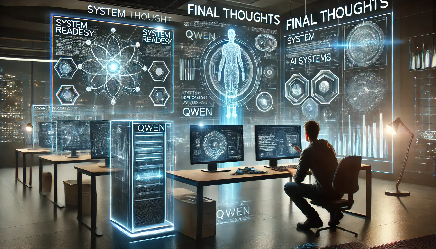 A high-tech workspace showing a developer finalizing the deployment of Qwen, with digital screens displaying system readiness checks, deployment progress, and final optimizations.