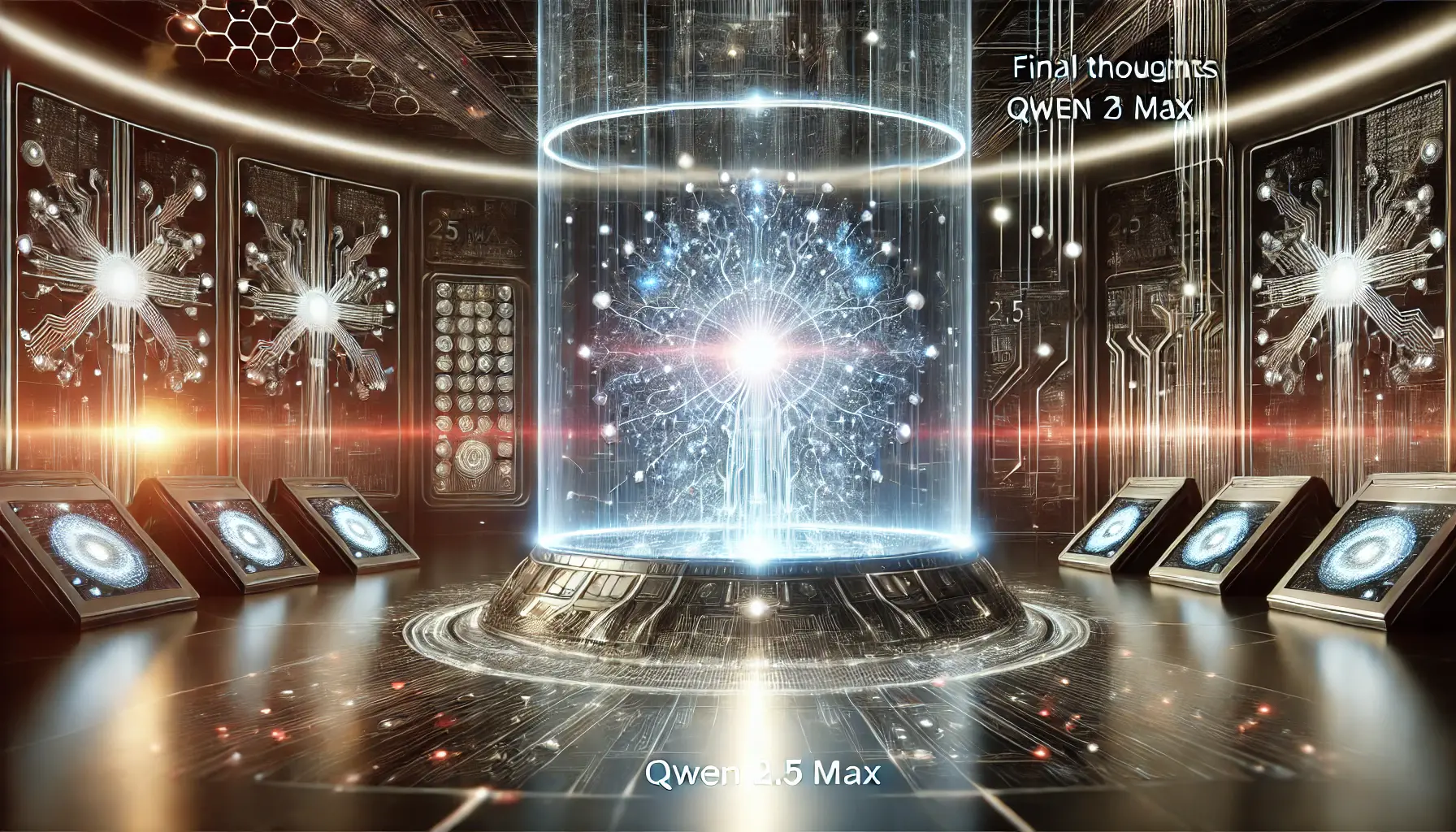 A high-tech digital environment representing the final thoughts on Qwen 2.5 Max, with glowing neural networks and data streams symbolizing its powerful capabilities and advancements.