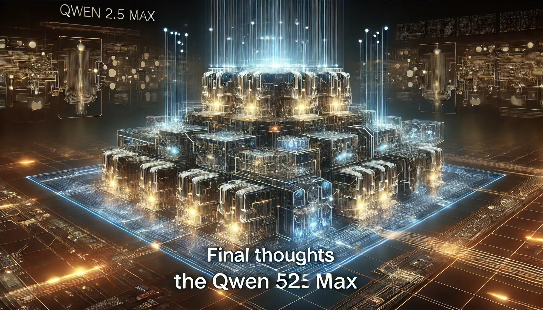 A high-tech digital representation of the Qwen 2.5 Max technical architecture, with intricate neural networks and glowing circuits.