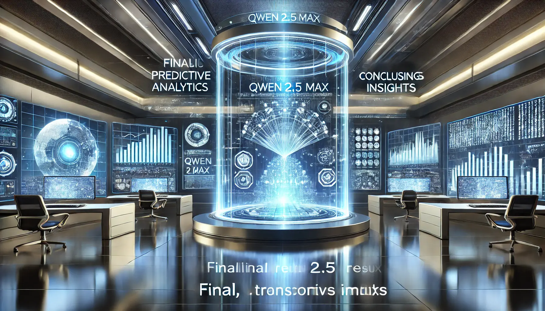 A futuristic AI-powered control room symbolizing final reflections and insights on the impact of Qwen 2.5 Max in predictive analytics.