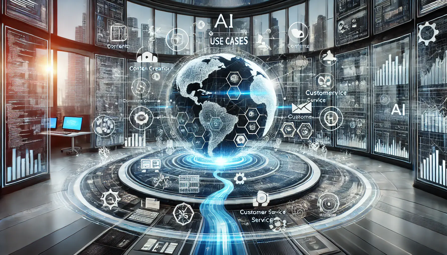 A digital representation of AI’s flexible use cases, showcasing various applications such as content creation, coding, customer service, and data analysis.