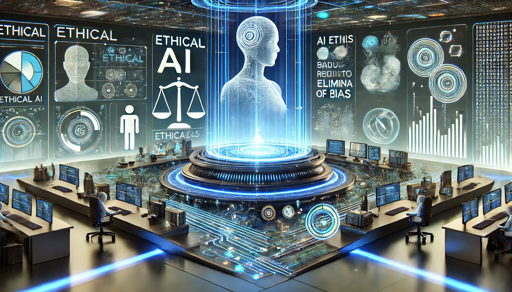 A high-tech digital workspace with AI models being refined to minimize bias, surrounded by representations of fairness, inclusivity, and ethical considerations.