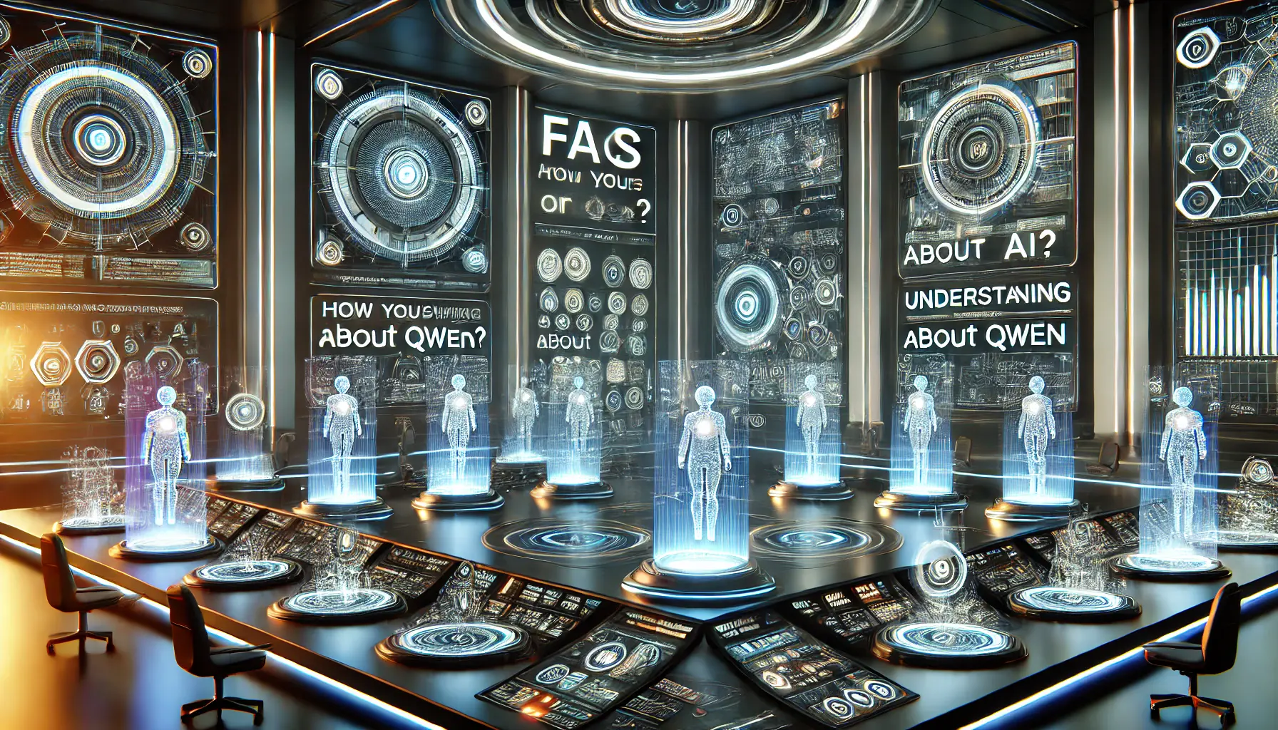 A high-tech, futuristic environment with advanced AI systems interacting with multiple holographic screens, representing FAQs about Qwen.