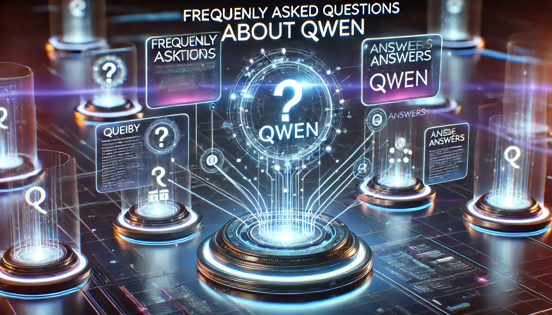 Futuristic digital interface symbolizing frequently asked questions about Qwen, with holographic query nodes and data paths.