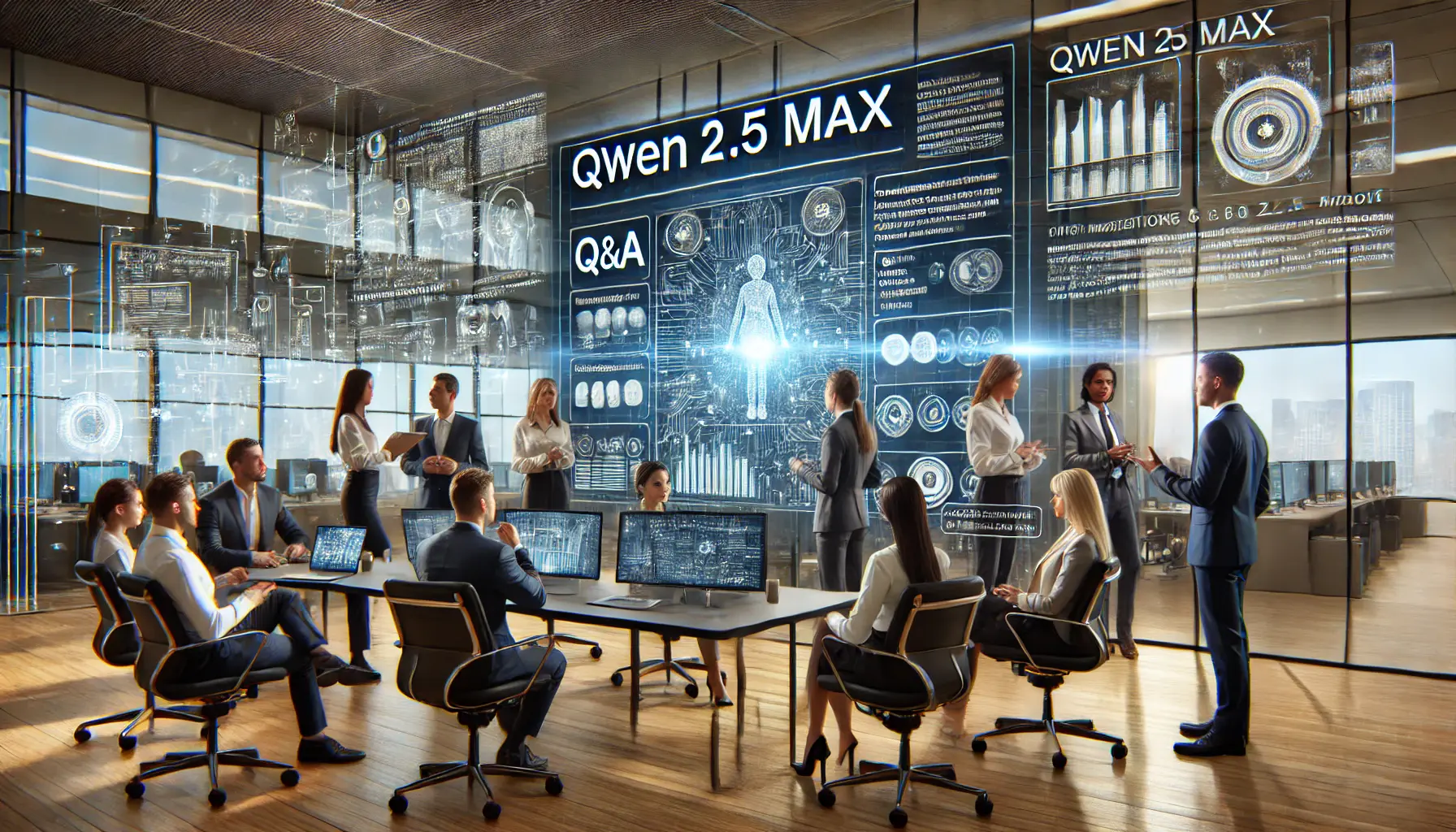 A modern office where professionals are engaging in a Q&A session about Qwen 2.5 Max, discussing its features, functionalities, and applications.