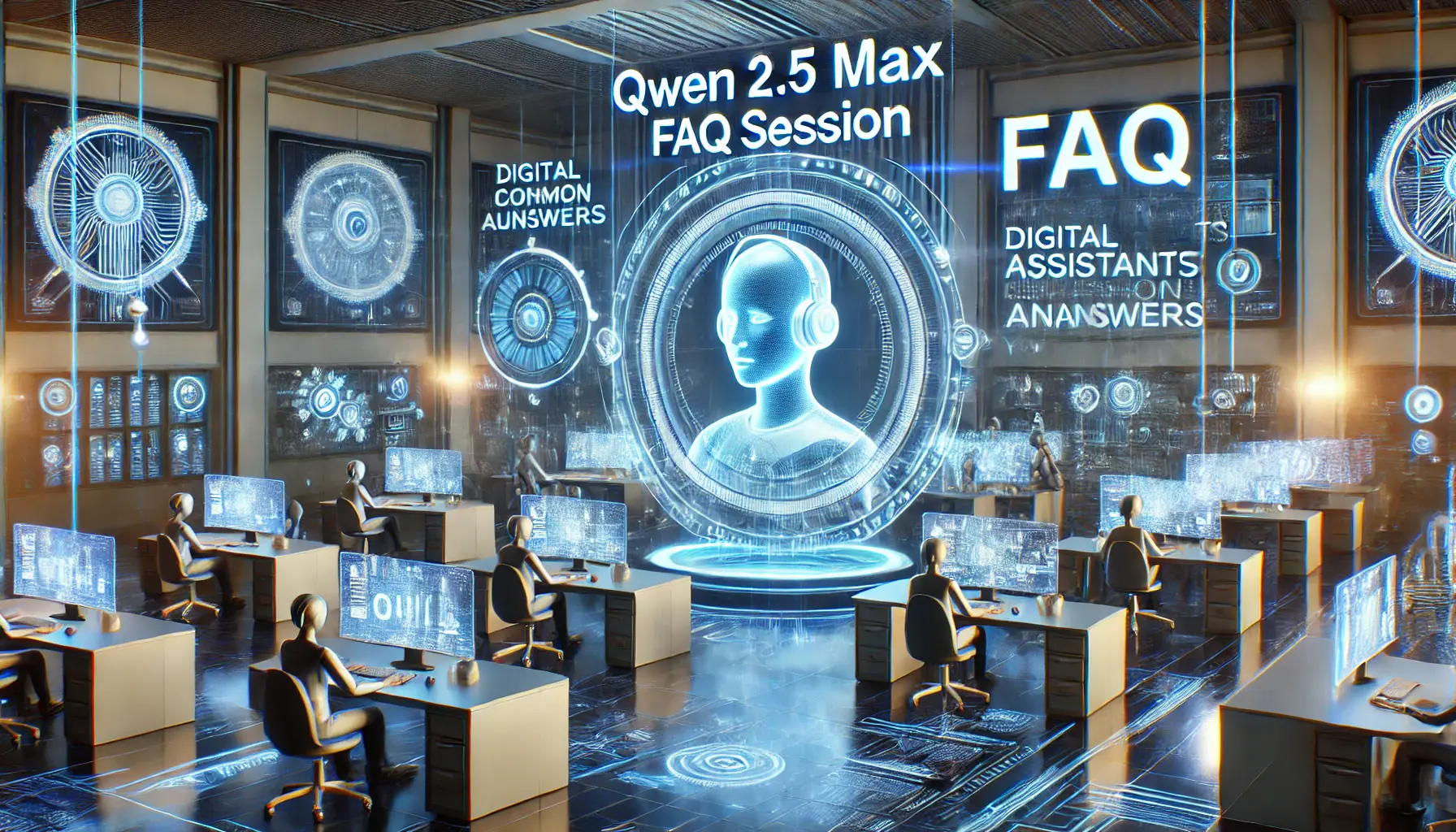 A futuristic AI support center visualizing a FAQ session with Qwen 2.5 Max, featuring holographic displays and digital assistants.