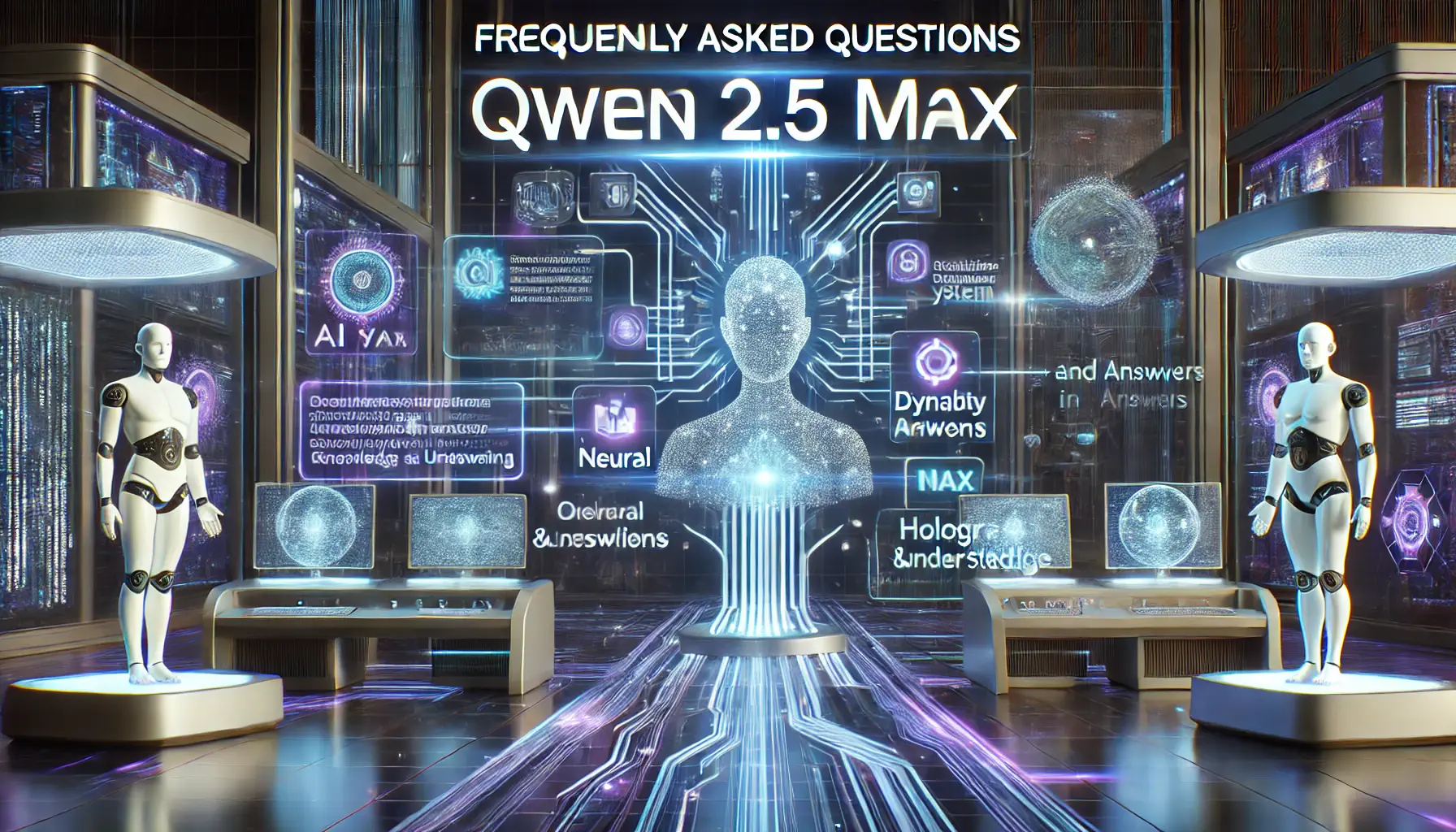 A high-tech digital environment symbolizing frequently asked questions about Qwen 2.5 Max, with glowing neural networks and dynamic data streams.