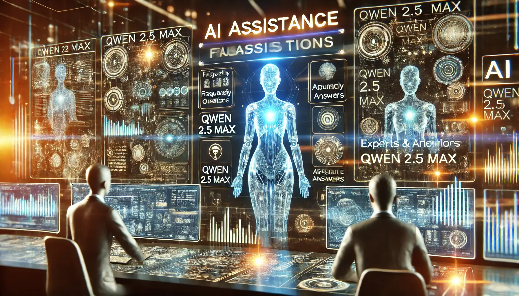 A futuristic AI environment where experts collaborate with AI systems to answer frequently asked questions about Qwen 2.5 Max, with glowing data streams and holographic displays.