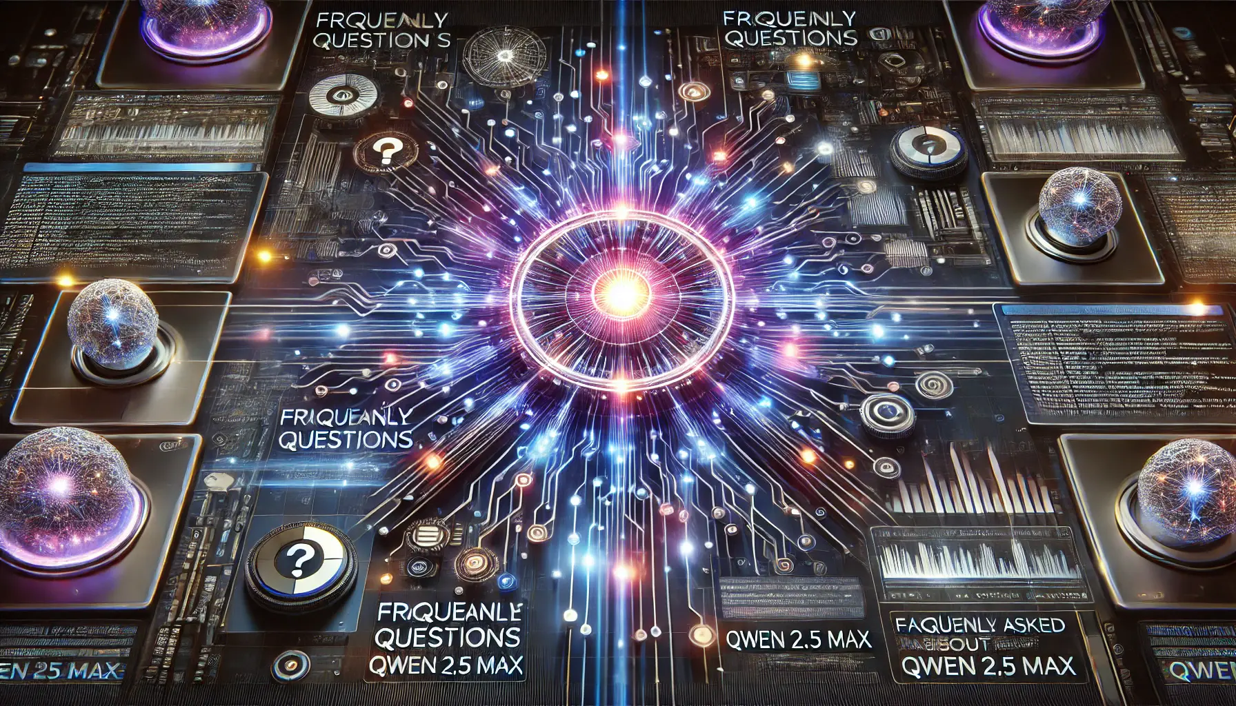 A futuristic AI system with a central glowing core and interconnected neural networks processing diverse data streams, symbolizing the AI’s ability to handle a wide range of questions and topics.