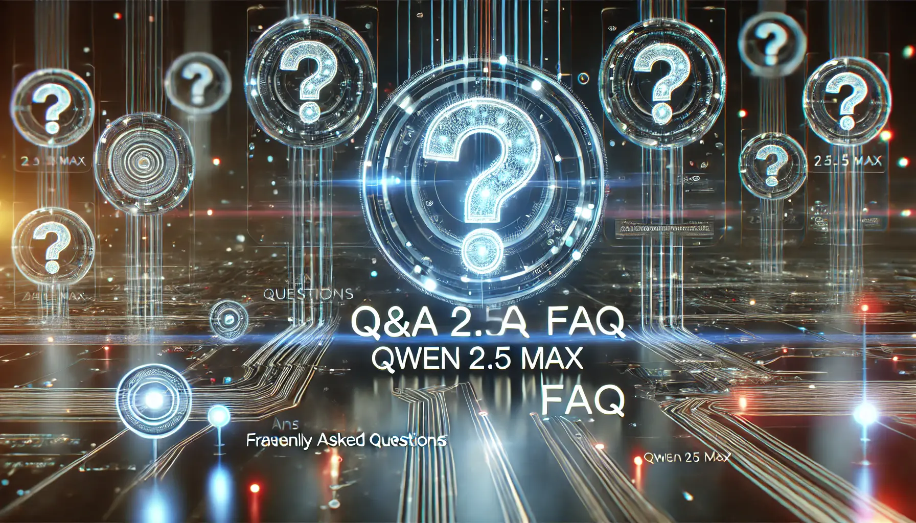 A high-tech digital environment symbolizing a Q&A session with glowing question marks and neural networks, representing frequently asked questions about Qwen 2.5 Max.