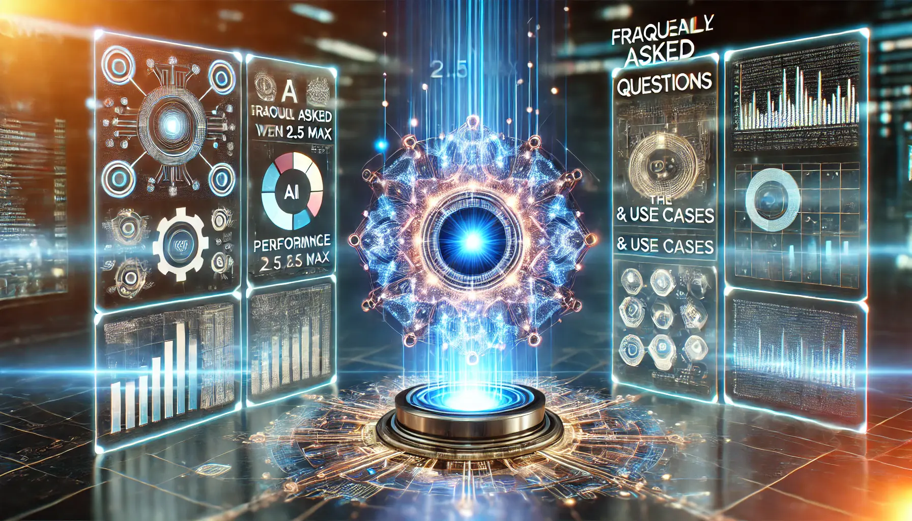 A digital representation of Qwen 2.5 Max’s frequently asked questions, symbolized by multiple holographic panels showcasing various features.