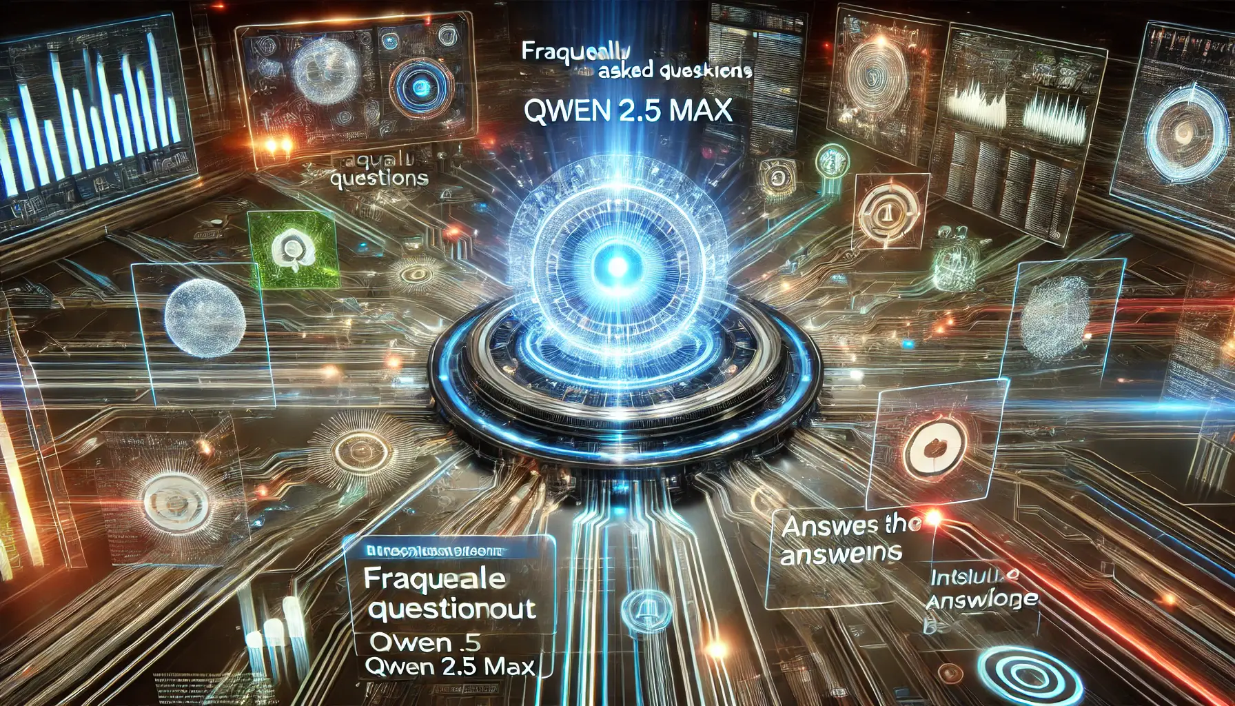 A futuristic AI system with glowing data streams and holographic interfaces representing the frequently asked questions about Qwen 2.5 Max.