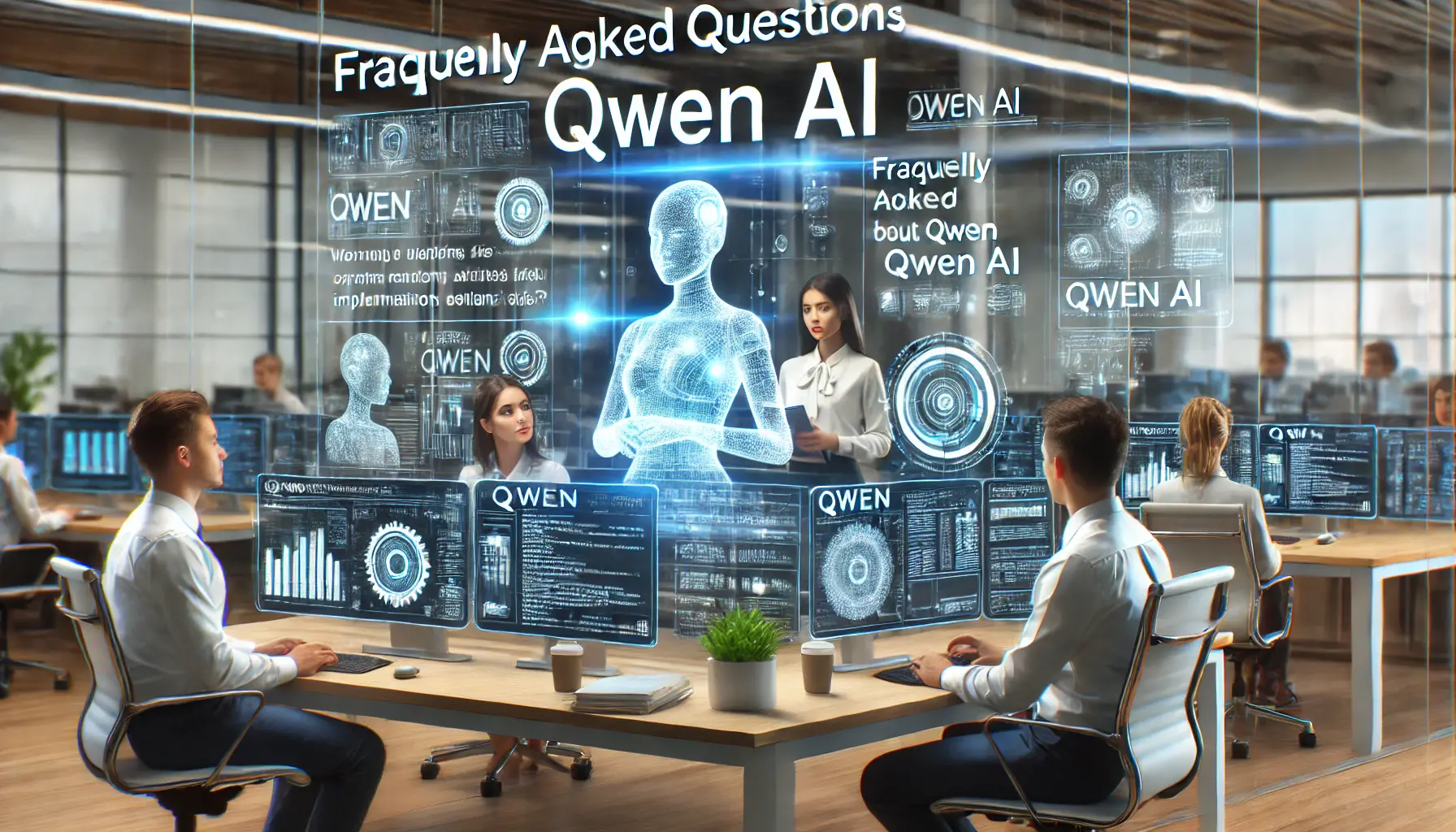 A modern office environment where professionals discuss frequently asked questions about Qwen AI, with digital interfaces displaying its capabilities.