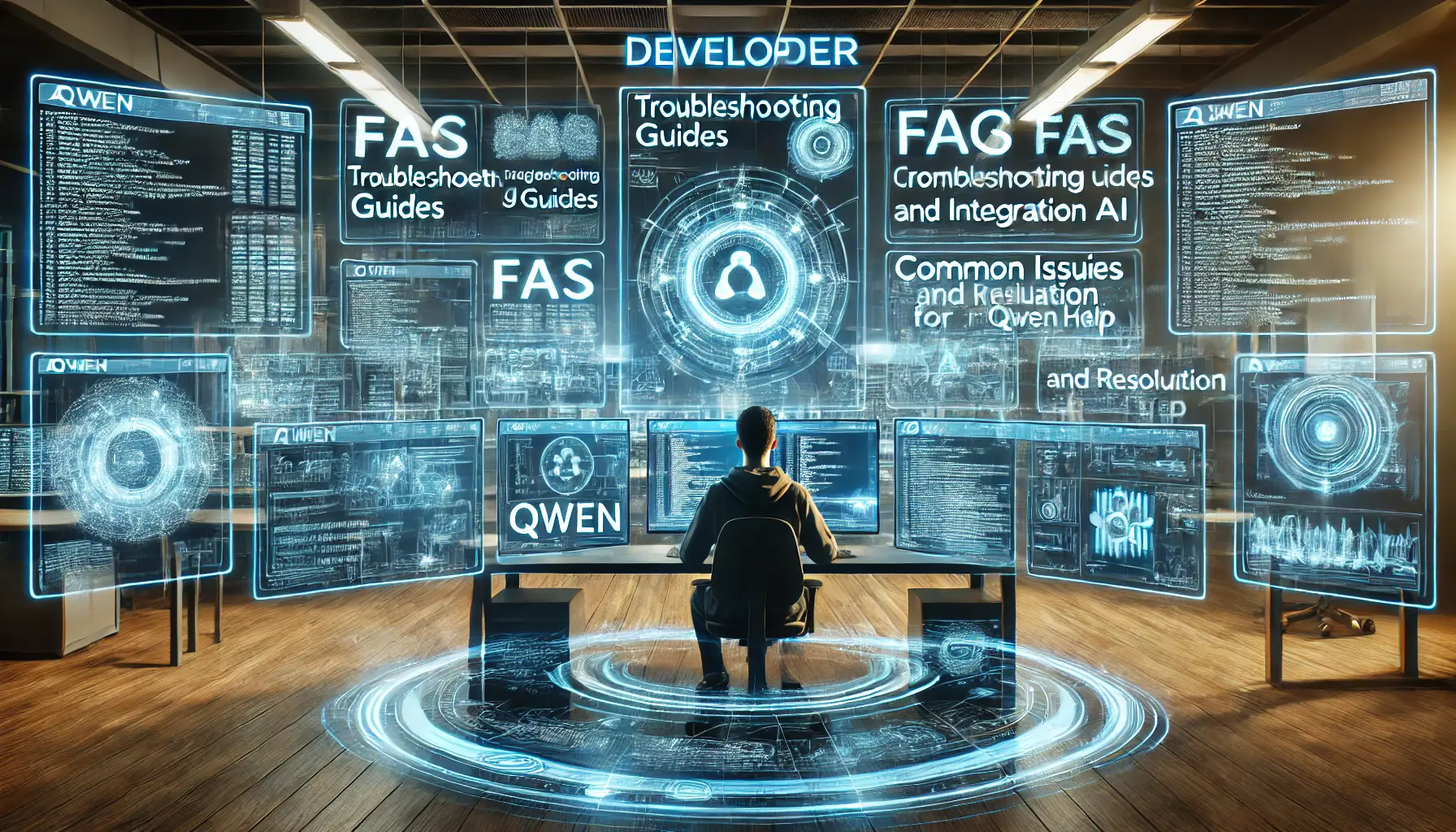 A high-tech developer workspace showing a developer working with digital screens displaying troubleshooting guides, FAQs, and integration help for Qwen.