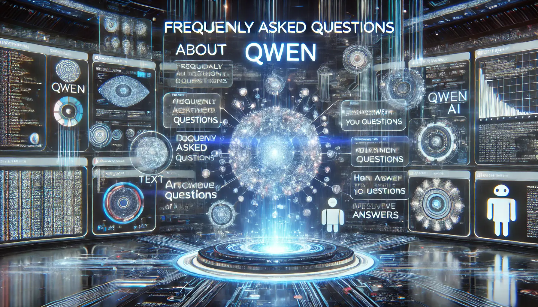 A high-tech digital environment with multiple AI systems processing data, symbolizing frequently asked questions about Qwen.