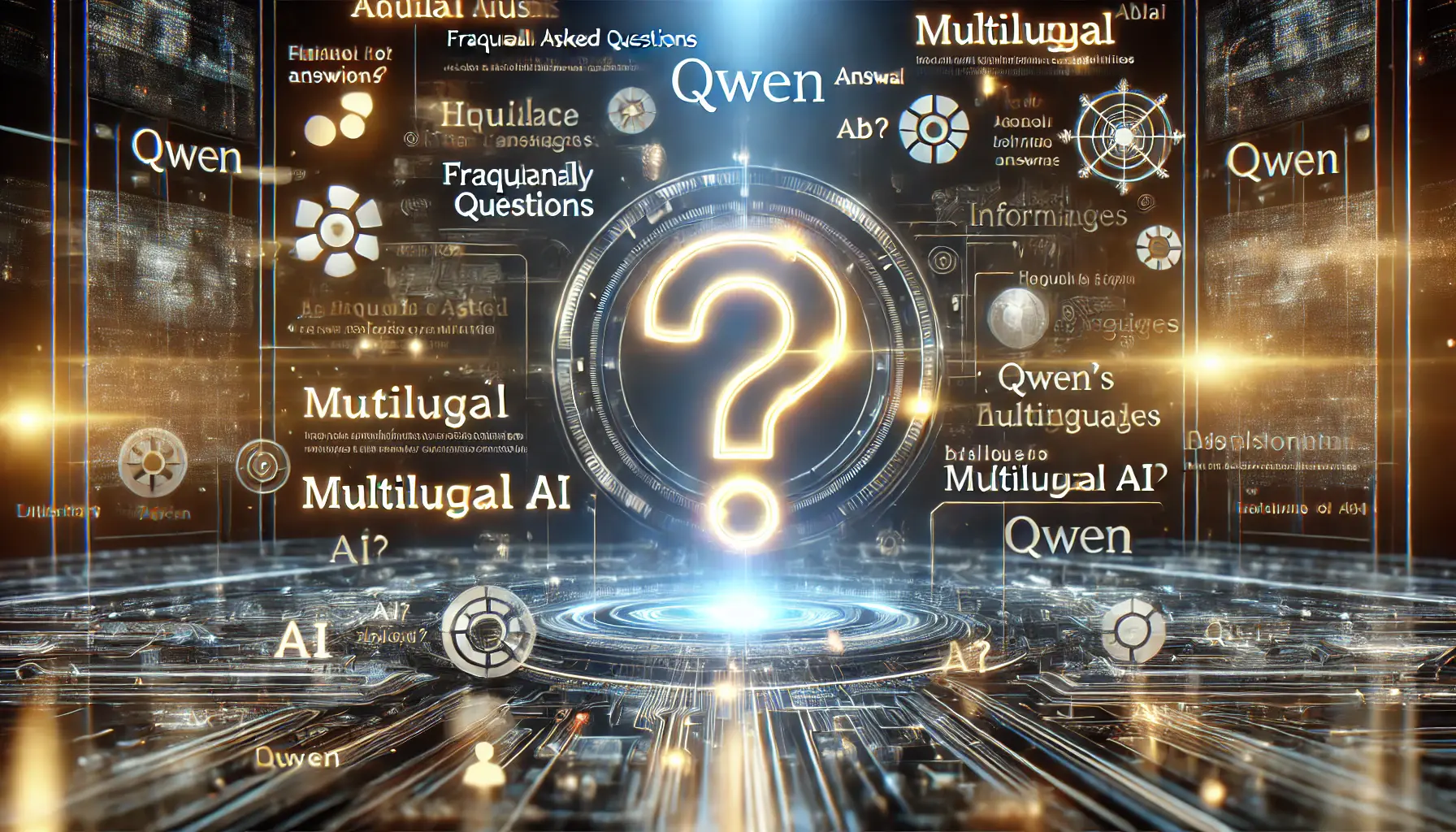 A high-tech digital interface with glowing question marks and interconnected data streams, symbolizing the search for answers.