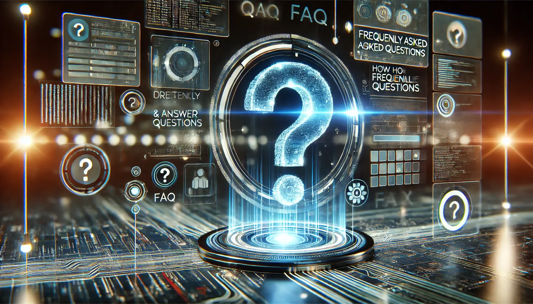 A futuristic AI-powered question and answer system, showcasing how Qwen handles frequently asked questions. The image includes a digital interface with glowing question marks and interactive holographic elements, supported by data streams and AI algorithms.