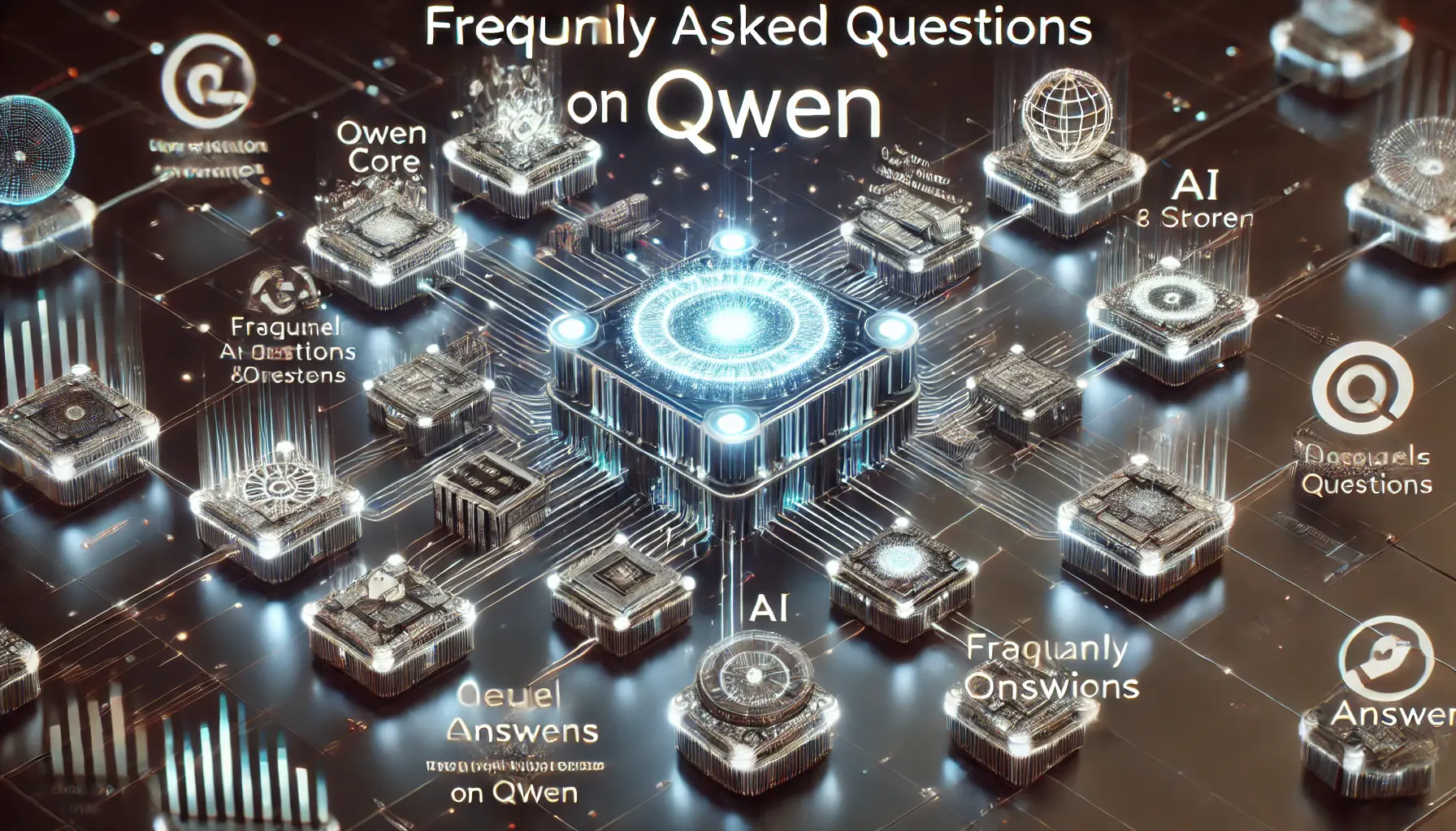 A digital representation of frequently asked questions on Qwen, with an AI core and interconnected data streams symbolizing answers to key queries.