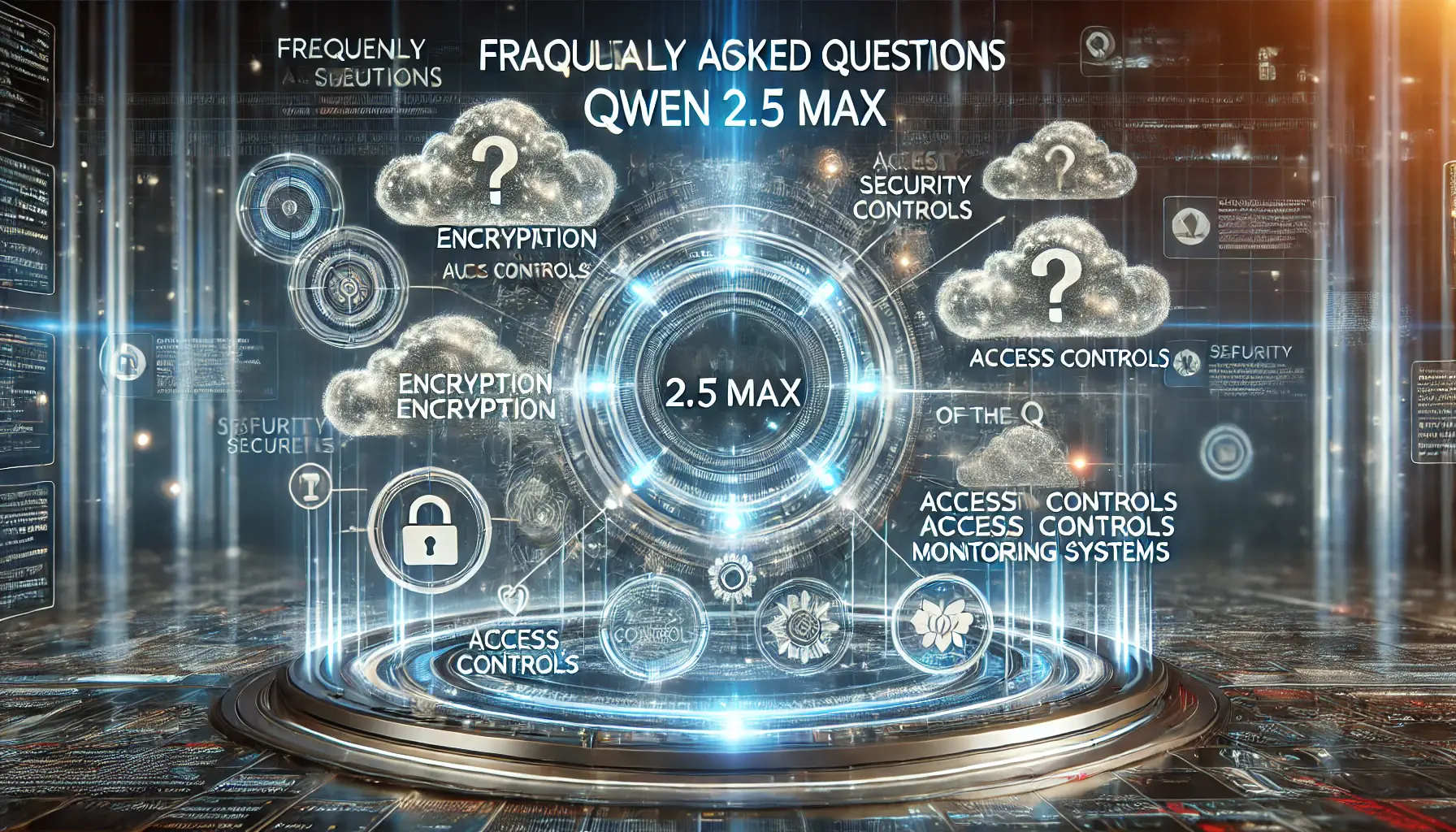 A futuristic digital environment symbolizing security measures for Qwen 2.5 Max, with encryption, access controls, and monitoring systems.