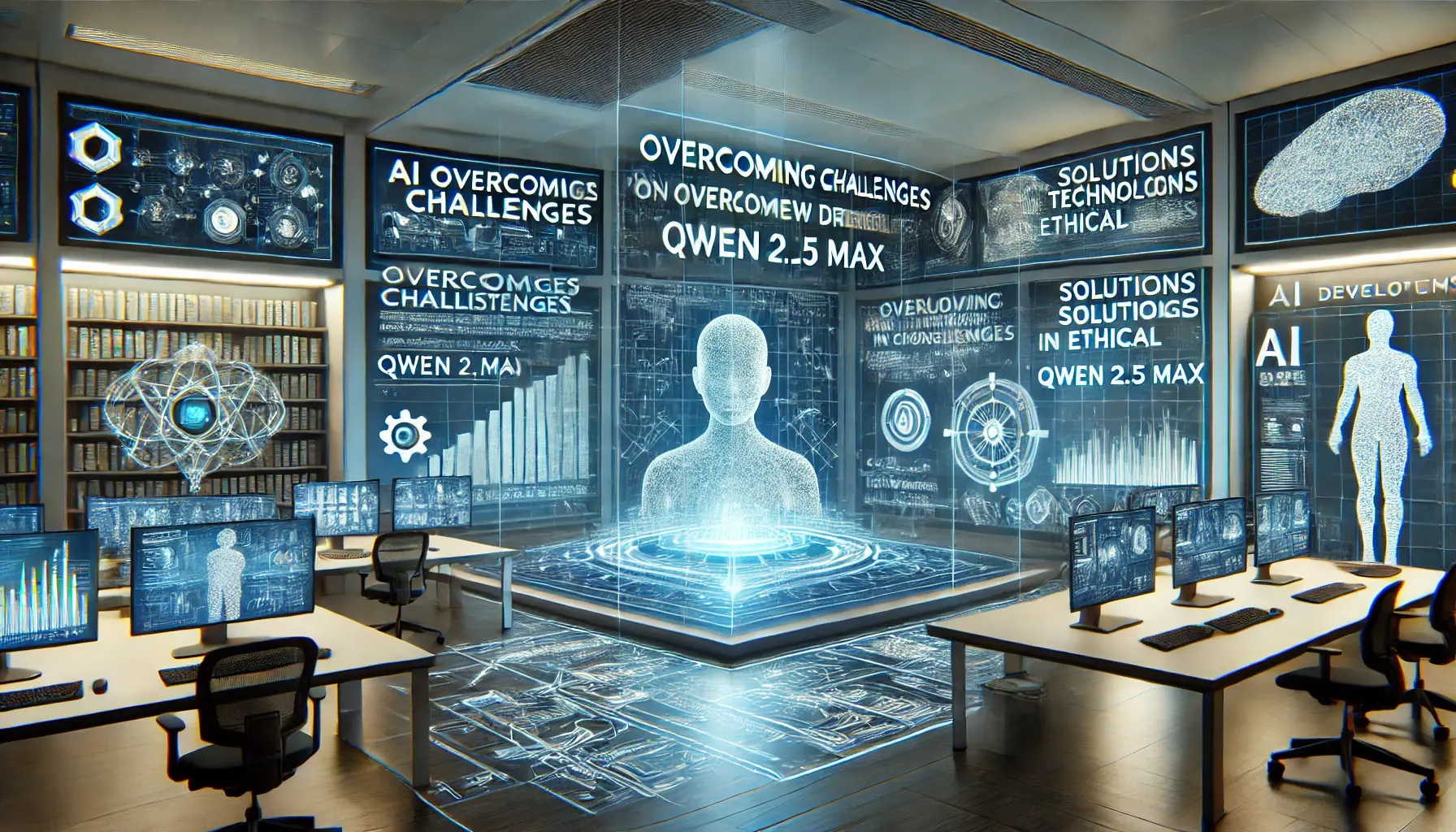 A futuristic AI development lab visualizing challenges and new directions for Qwen 2.5 Max, with holographic data displays and evolving AI models.