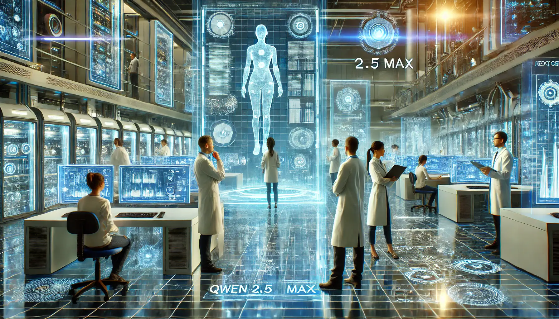 A futuristic research and development lab showcasing advancements in AI technologies like Qwen 2.5 Max, with scientists analyzing data on holographic screens.