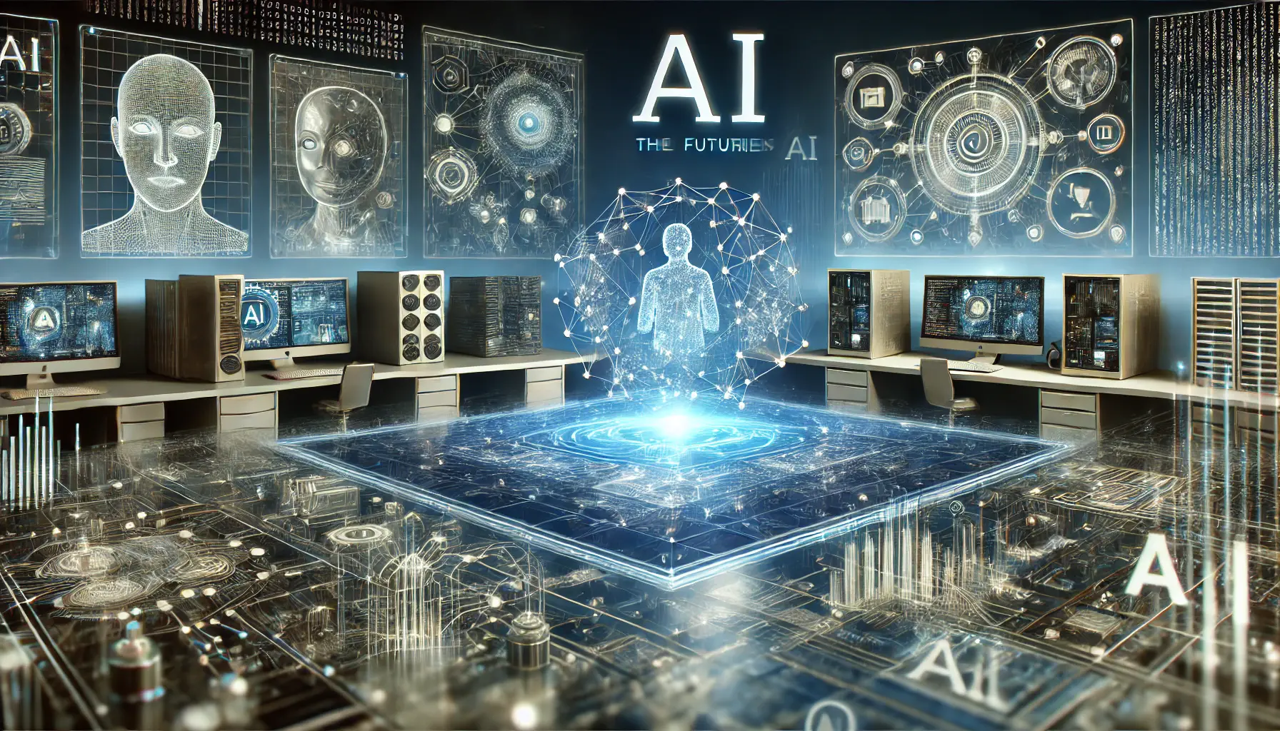 A futuristic digital environment depicting advancements in AI, with neural networks and digital interfaces representing ongoing developments and innovations.