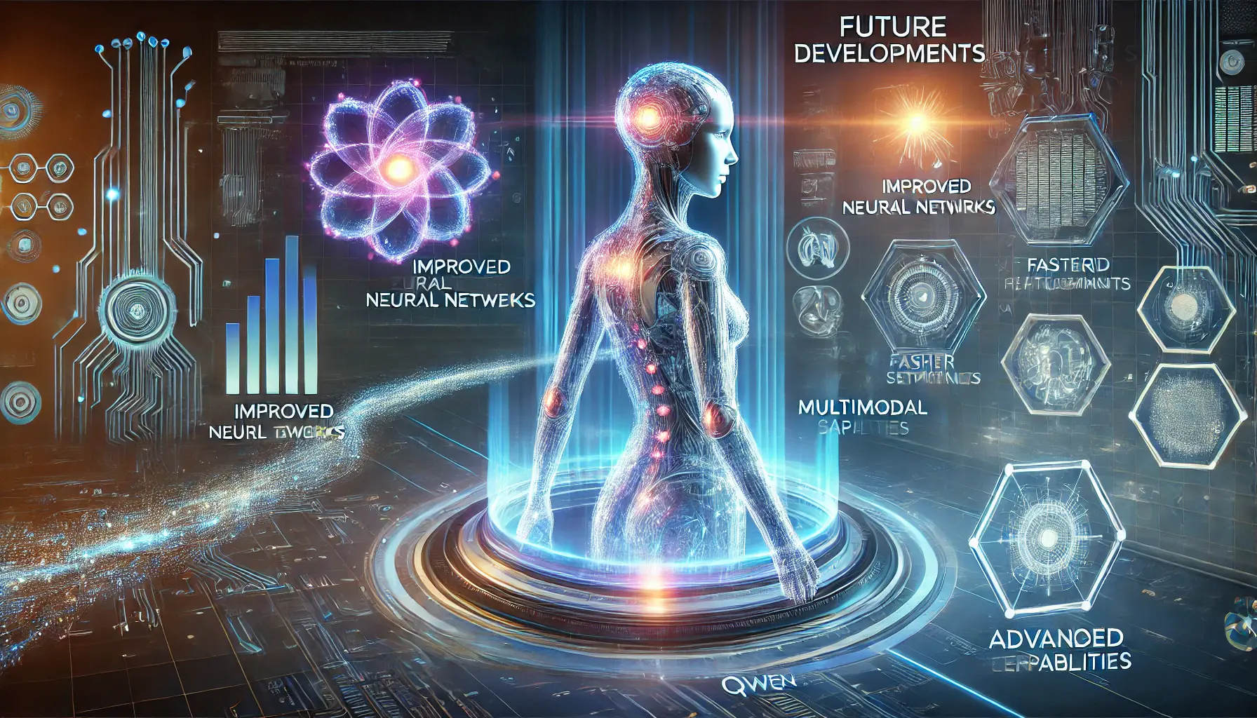 Futuristic digital environment showing the evolution and future developments for Qwen, with holographic AI models and glowing data streams representing technological advancements.