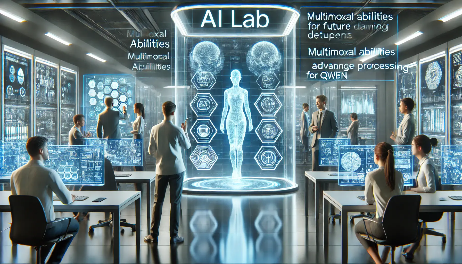 A high-tech AI lab where professionals are visualizing and planning the future developments of Qwen, with futuristic holographic displays showing new AI capabilities.