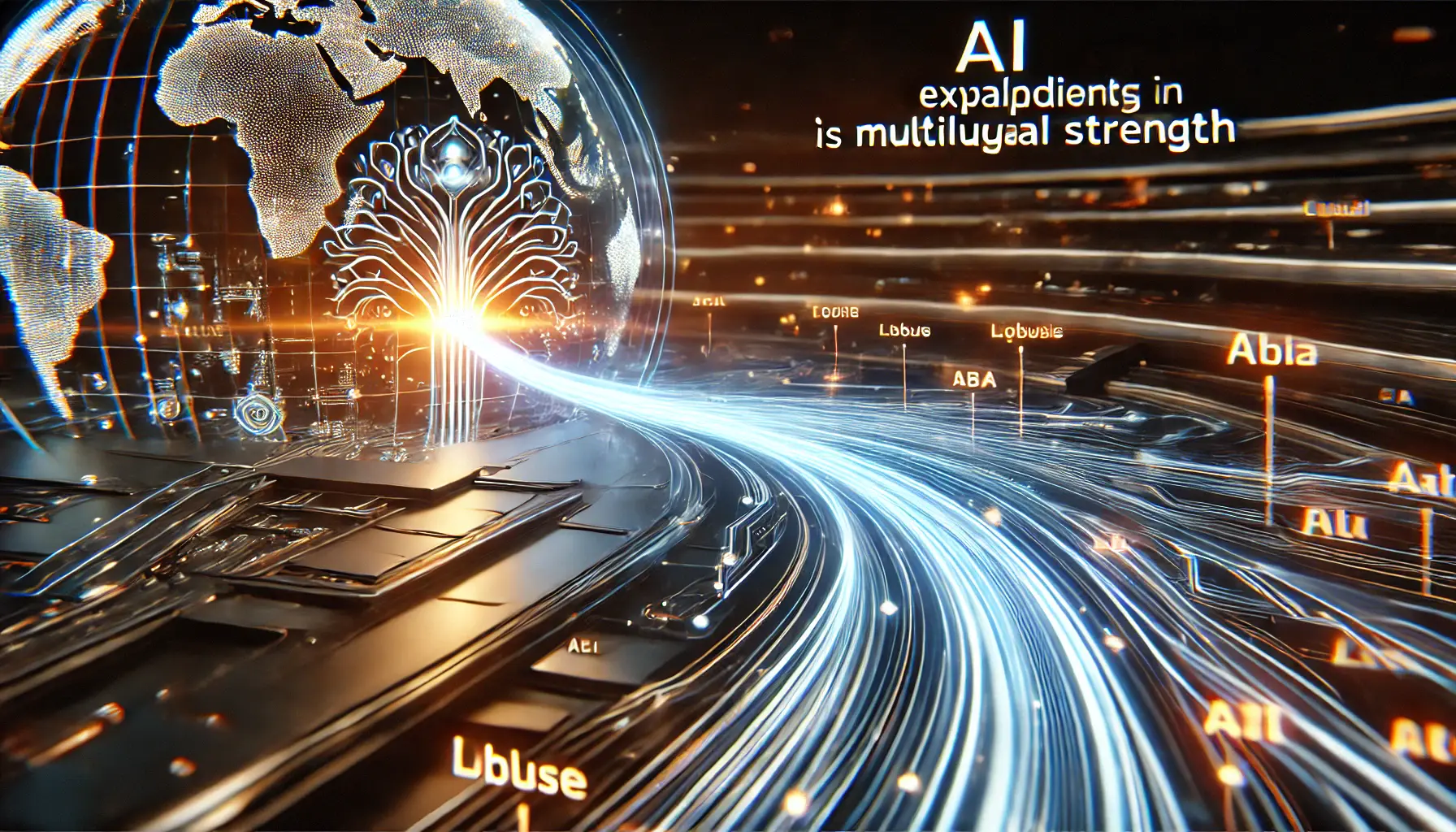 A futuristic AI system evolving with glowing data streams expanding its multilingual capabilities.