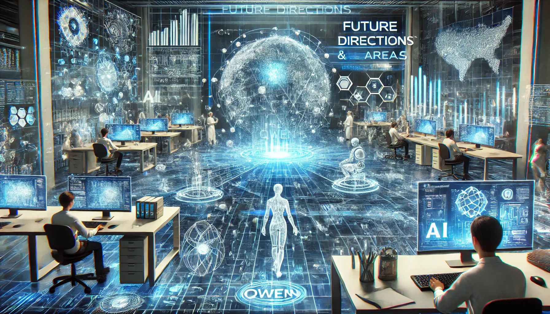 A futuristic digital laboratory with researchers working on advanced AI models, holographic displays of neural networks and algorithms, representing AI research and future directions for Qwen.