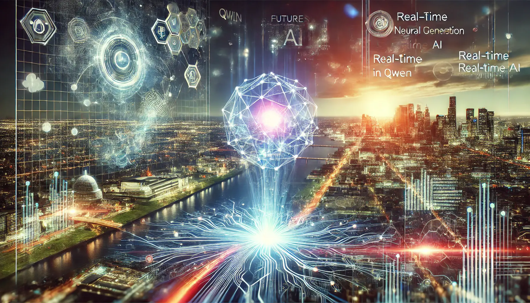 A futuristic digital landscape illustrating the future directions of AI technology, focusing on advancements in Qwen. The image includes a glowing neural network structure, holographic elements showing AI evolution, and a high-tech city in the background symbolizing AI's influence.