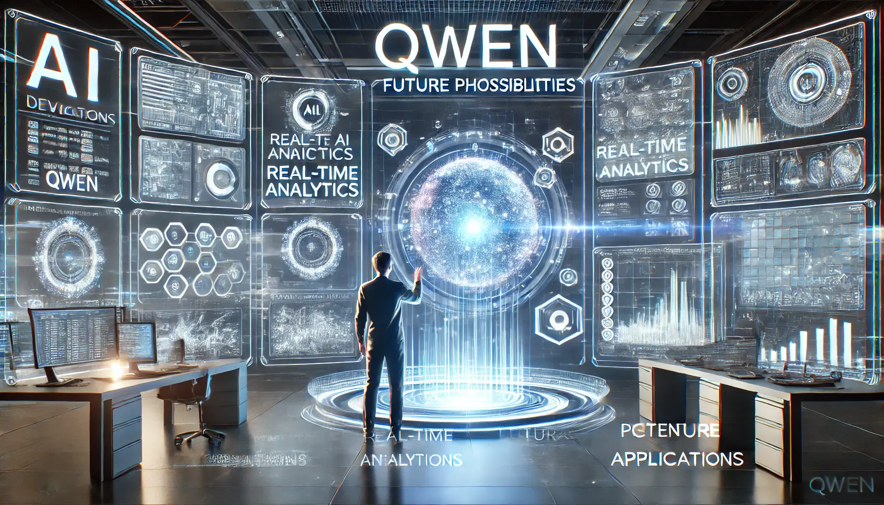 A high-tech futuristic workspace showing a developer interacting with multiple digital screens displaying advanced AI predictions, real-time analytics, and future applications of Qwen.