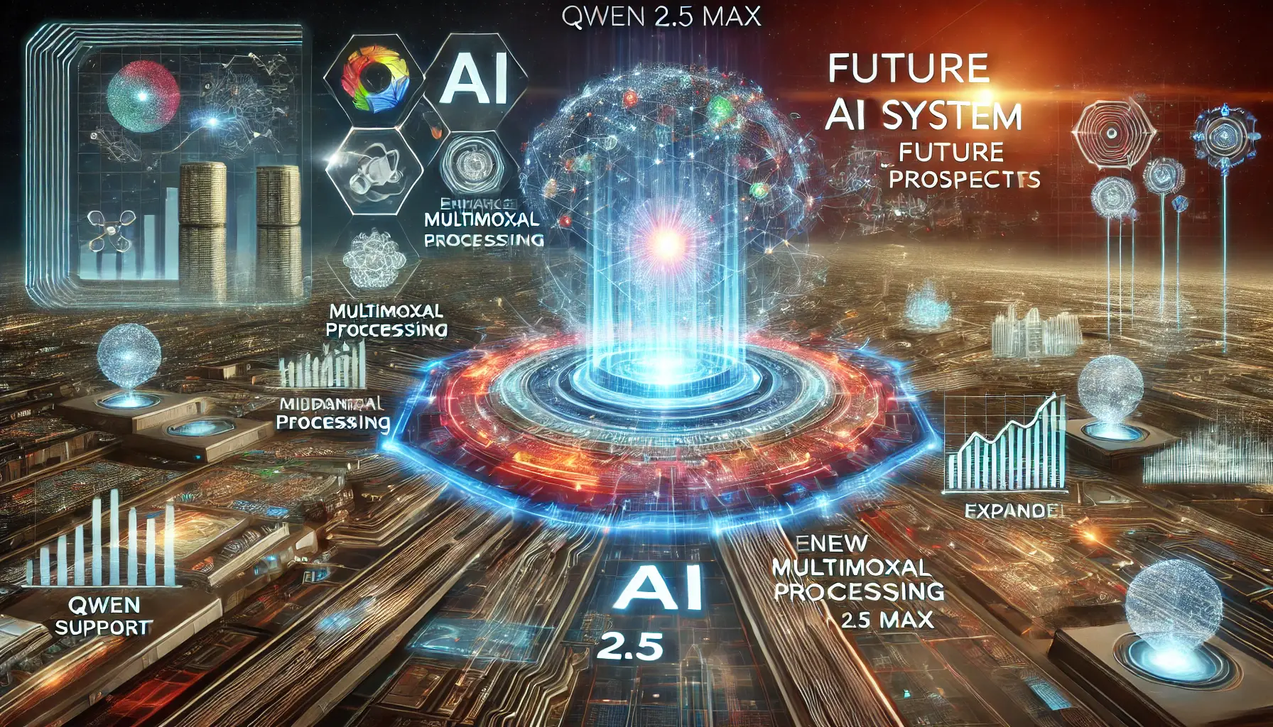 A futuristic AI system showing ongoing advancements and future developments with glowing data streams and evolving technology.