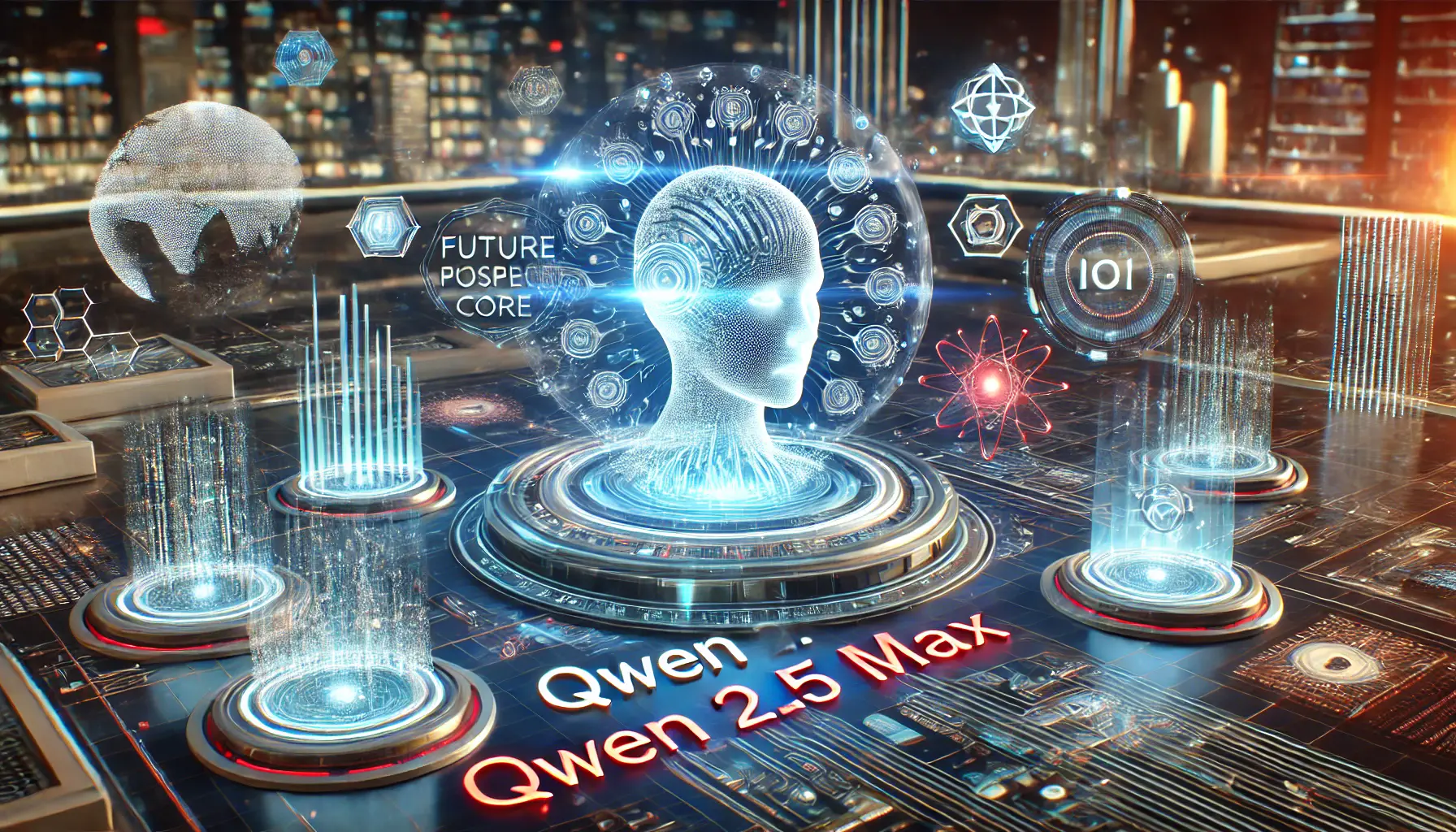 A digital representation of Qwen 2.5 Max evolving with holographic projections of emerging technologies like augmented reality, blockchain, and IoT.