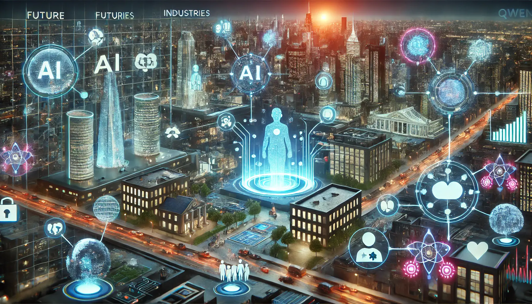 A futuristic cityscape showcasing the industry applications of AI in healthcare, finance, and education, with glowing data flows representing the future prospects of AI.